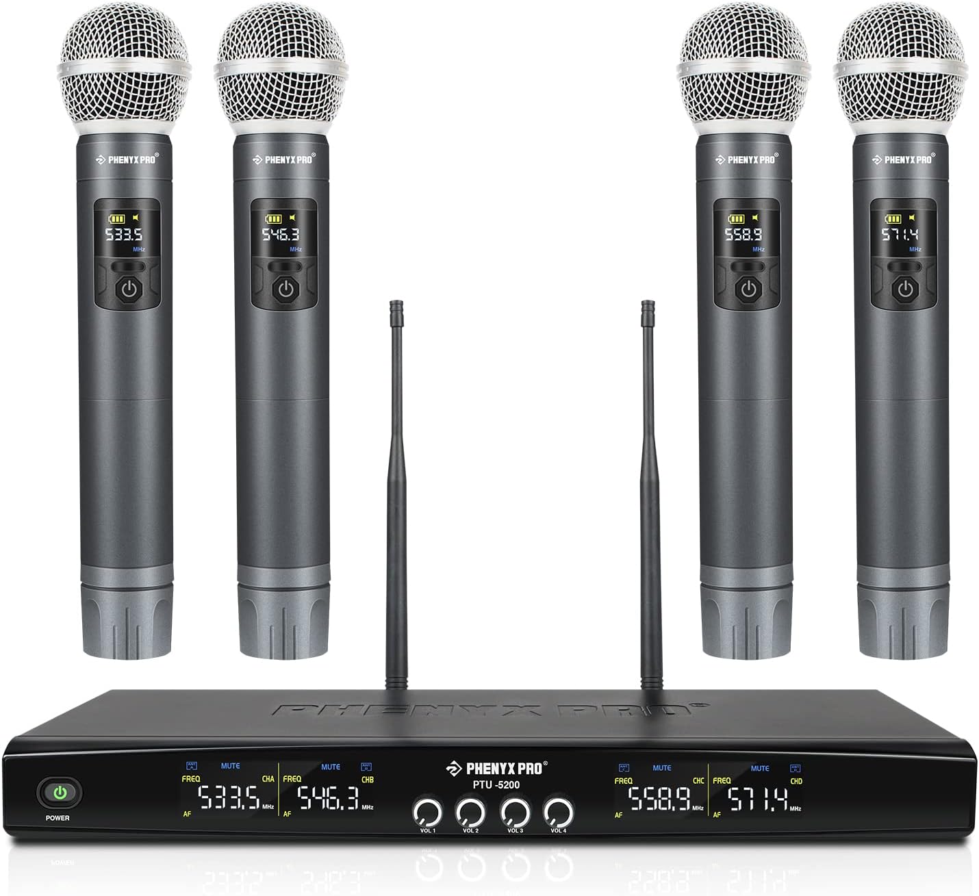 Phenyx Pro Sistema de micrófono inalámbrico, juego de micrófono inalámbrico de metal con 4 micrófonos inalámbricos, frecuencias ajustables UHF de 4