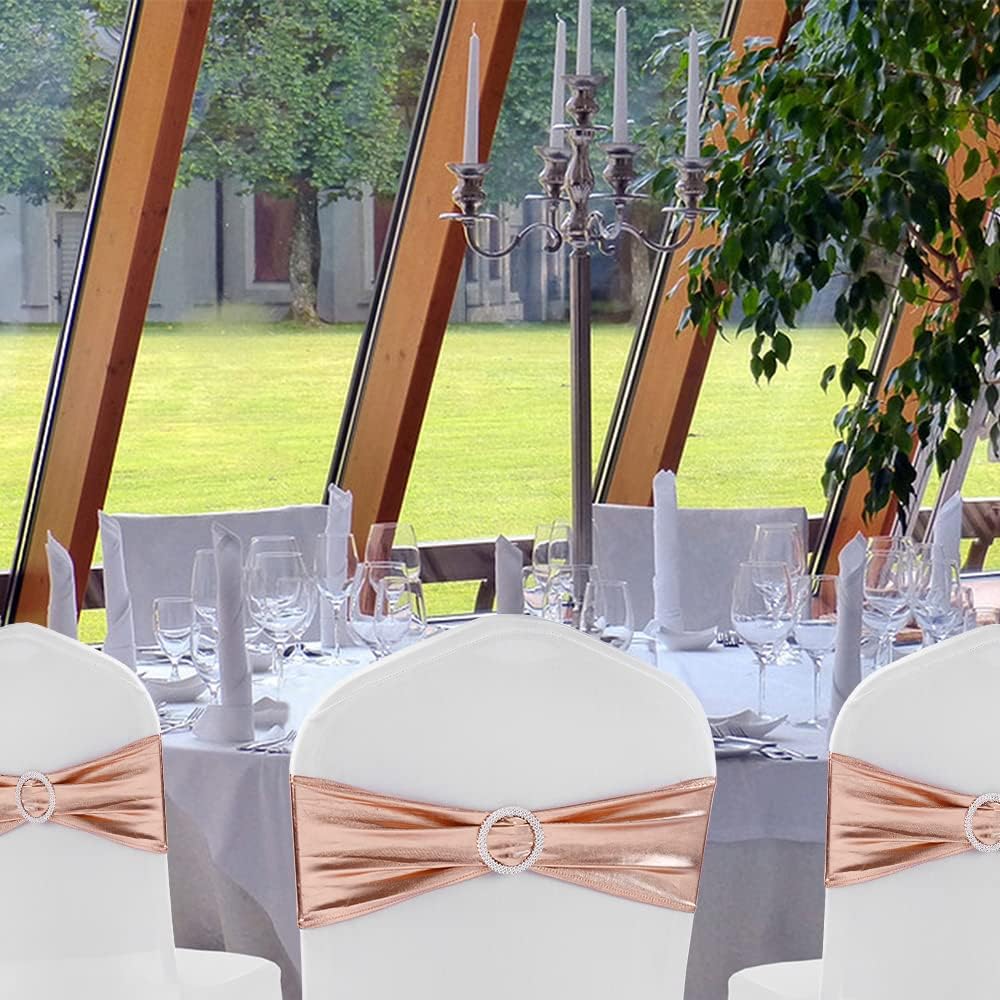 MAGTOWNE Paquete de 100 bandas de elastano para sillas de color oro rosa, lazos de elastano con hebillas deslizantes elásticas para bodas, fiestas,