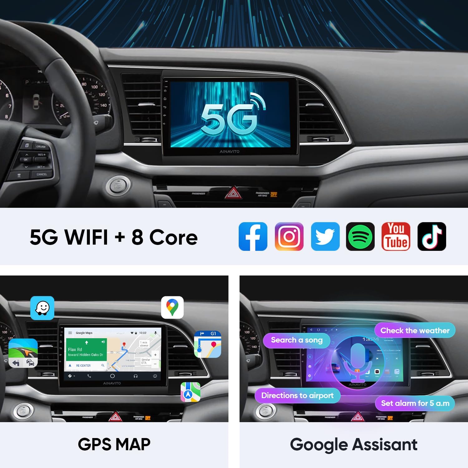 9 pulgadas 5G WiFi 8 Core (2G Ram+32G ROM) Radio estéreo para coche Hyundai Elantra 2016 2017 2018 con Carplay Android Auto, Android 12.0 Soporte de