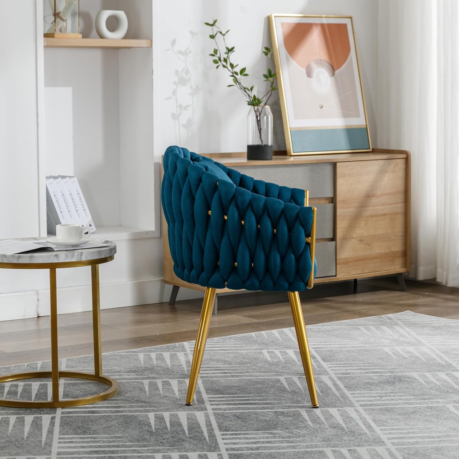 TRIPLE TREE Silla de comedor moderna de lino, sillas de tocador tejidas a mano con almohada de cintura, sillones con patas de metal dorado, cómoda