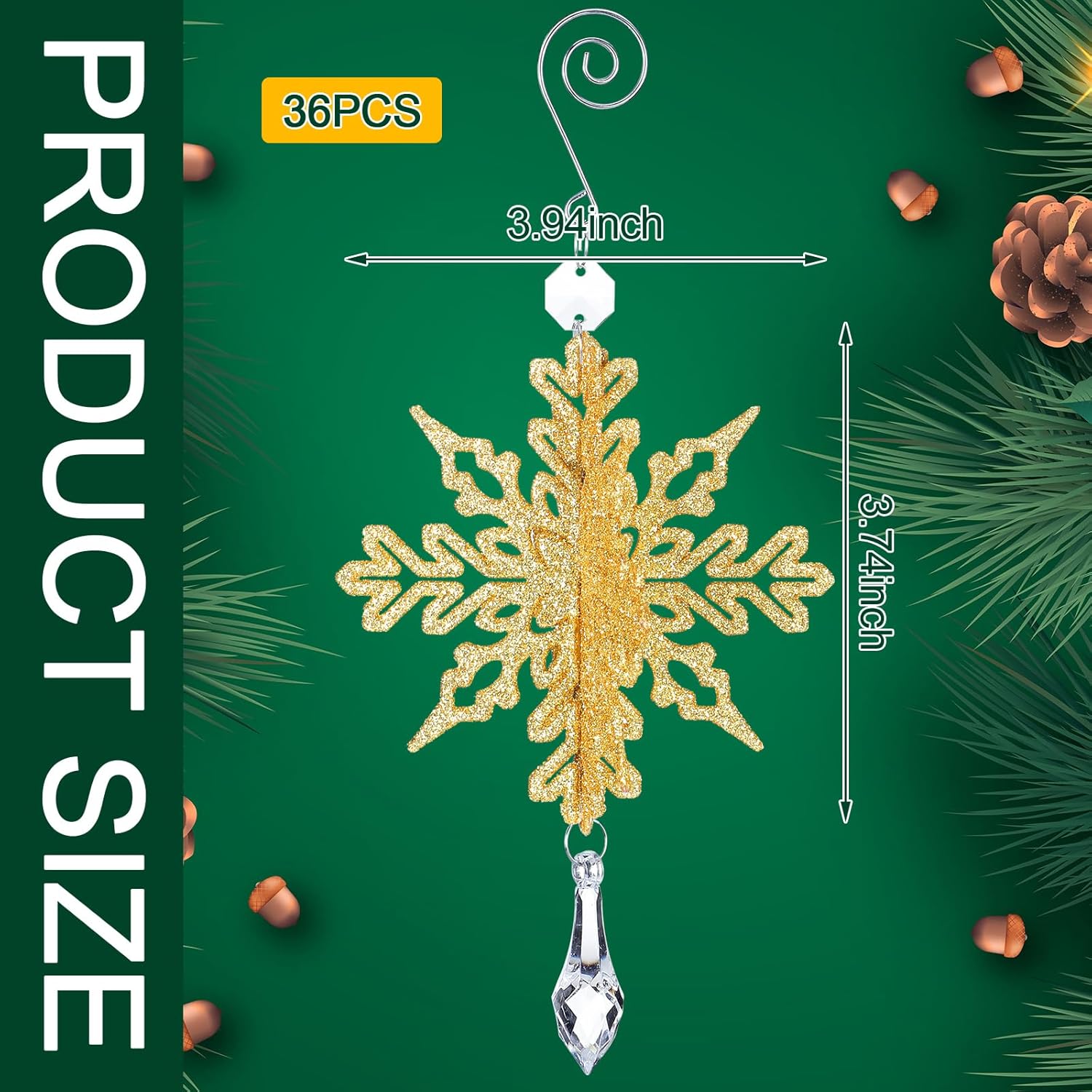 Soaoo 36 adornos de copo de nieve 3D con purpurina 3D, decoraciones para árbol de Navidad, decoraciones colgantes de copo de nieve, adornos de