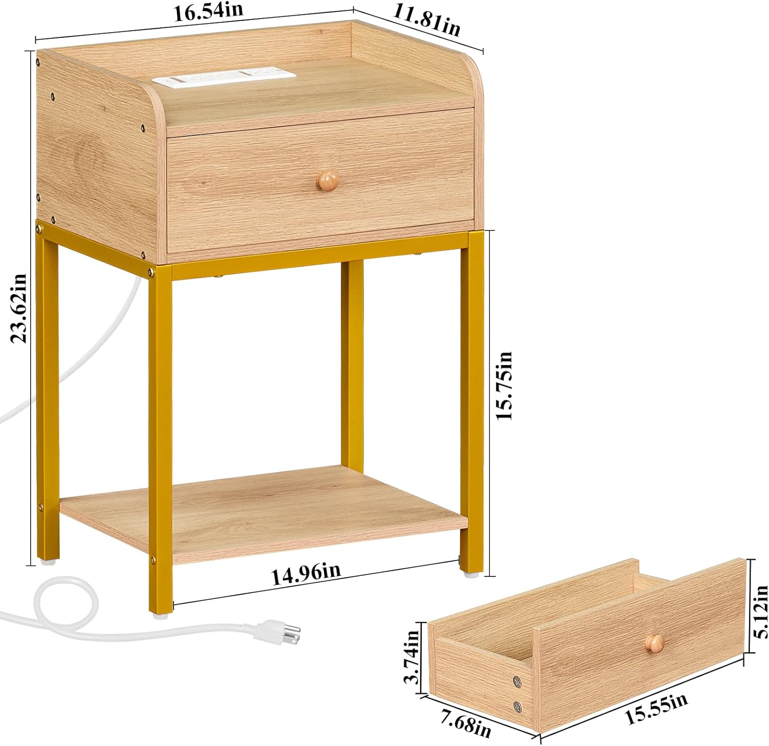 Lerliuo Mesita de noche con estación de carga y puertos USB, mesita de noche natural con cajones de almacenamiento, mesa auxiliar pequeña de 3