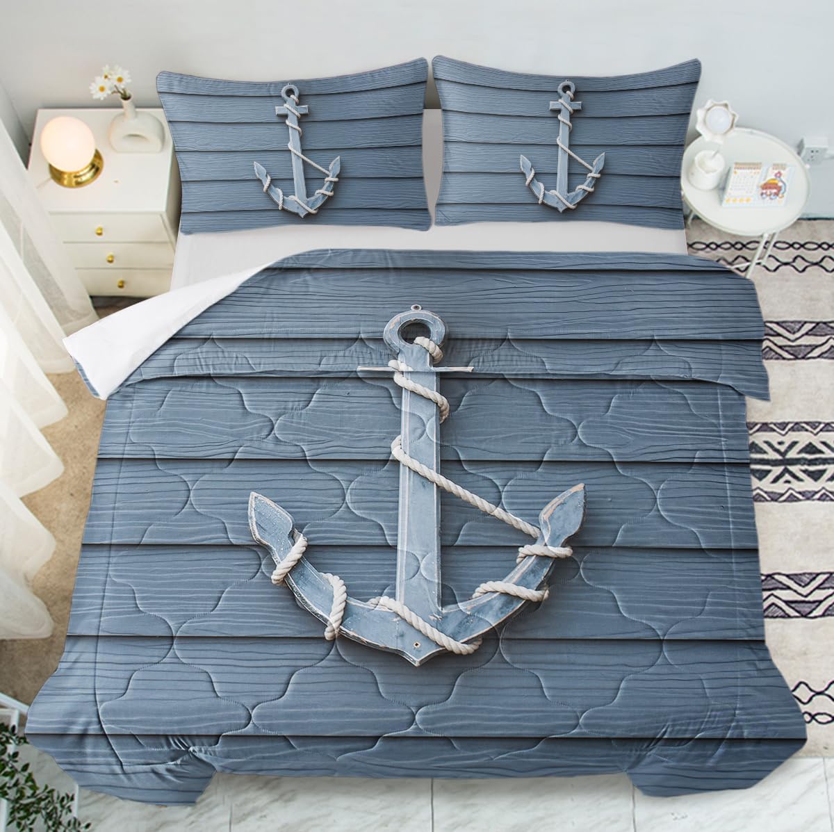 DECOVOGUE Anchor – Juego de edredón náutico para niños y niños, 3 piezas, juego de ropa de cama de playa azul vintage, juego de ropa de cama de