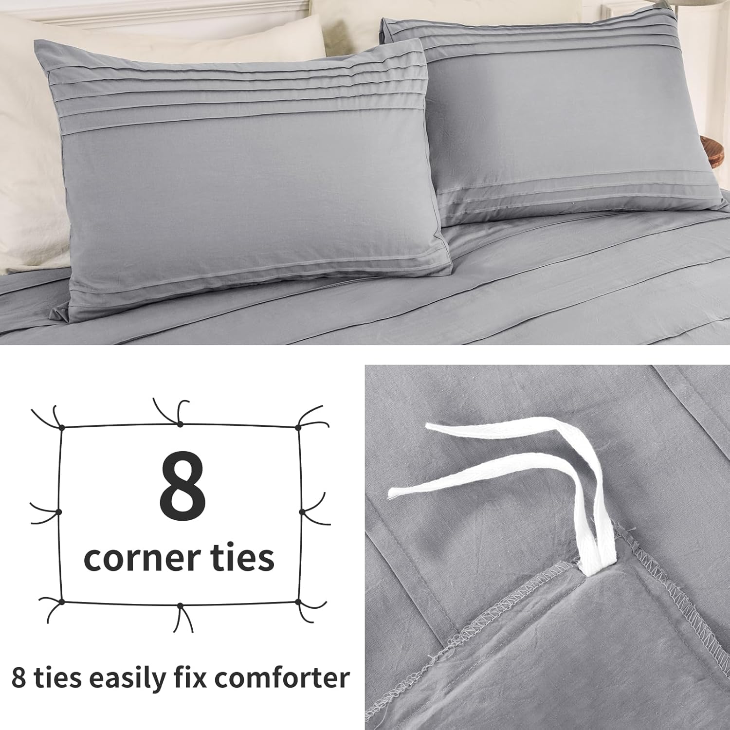 NEXHOME PRO Juego de funda de edredón 100% algodón orgánico, tamaño Queen, juego de funda de edredón plisada con textura de lino, color gris claro,