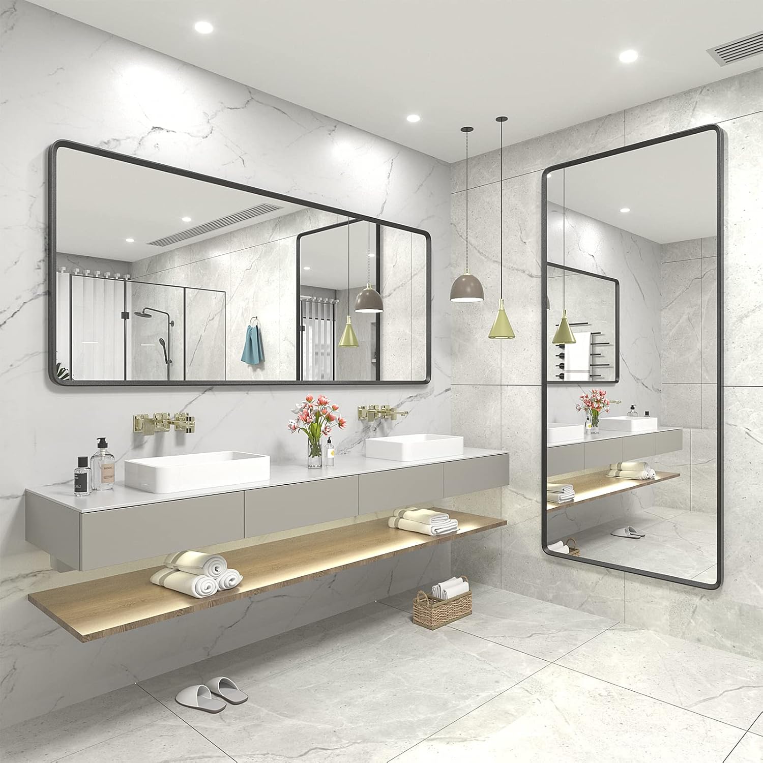 Espejo de baño negro mate de 72 x 36 pulgadas, espejo grande con marco de metal negro para pared, espejo rectangular de esquina redondeada,