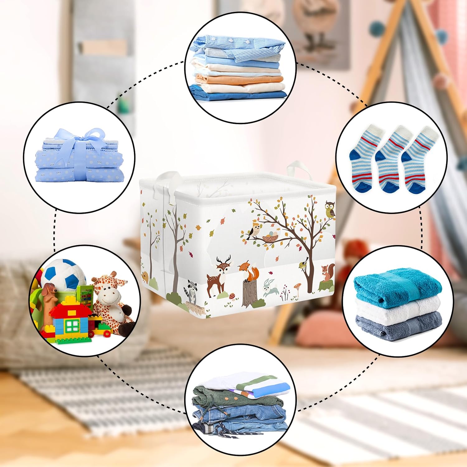 Clastyle Cesta de almacenamiento de animales de la selva, ciervo, zorro, pájaro, ardilla, conejo, árbol, estante rectangular, para ropa, libros,