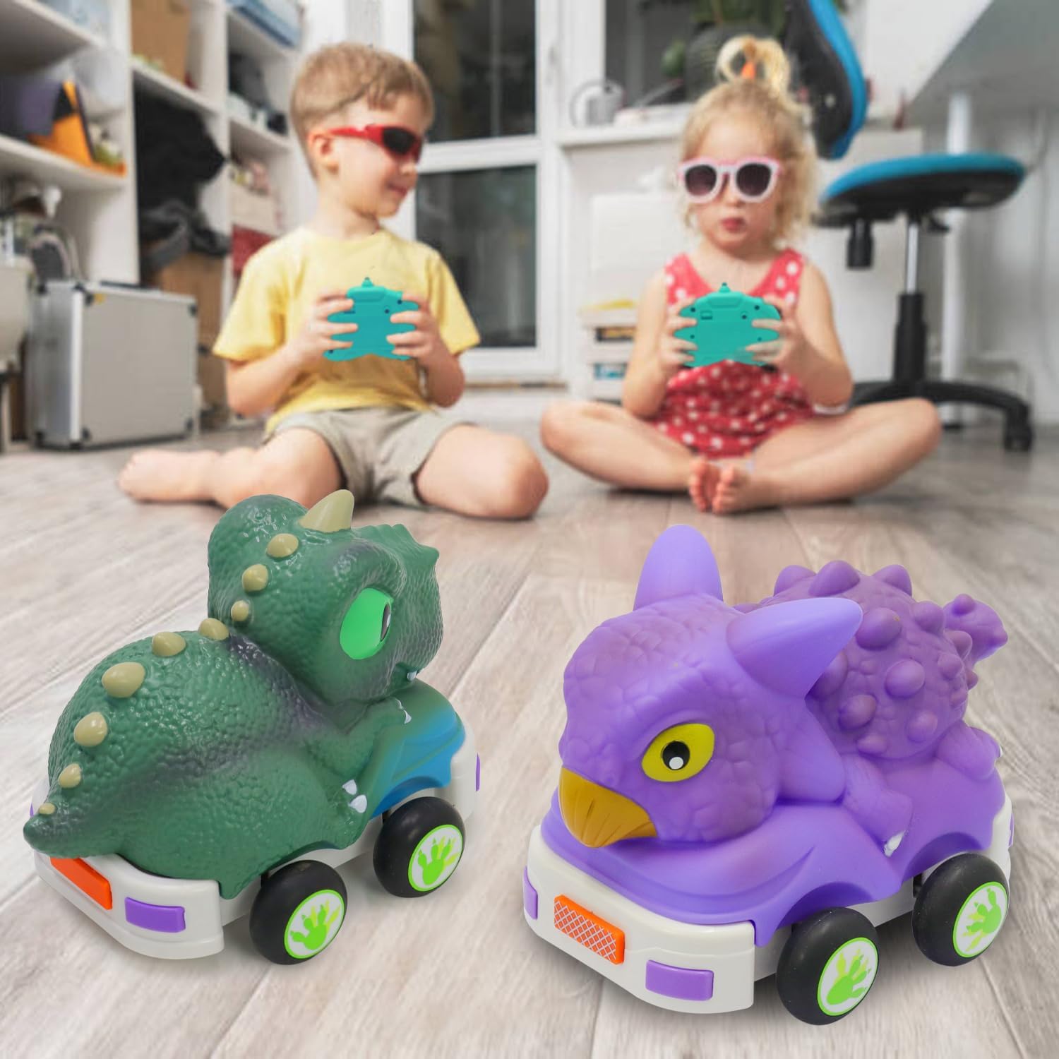Juguete de dinosaurio a control remoto para niños pequeños, paquete de 2 autos RC de 2.4 GH, juguetes de 3, 4, 5, 6 años, juguetes de dinosaurio con