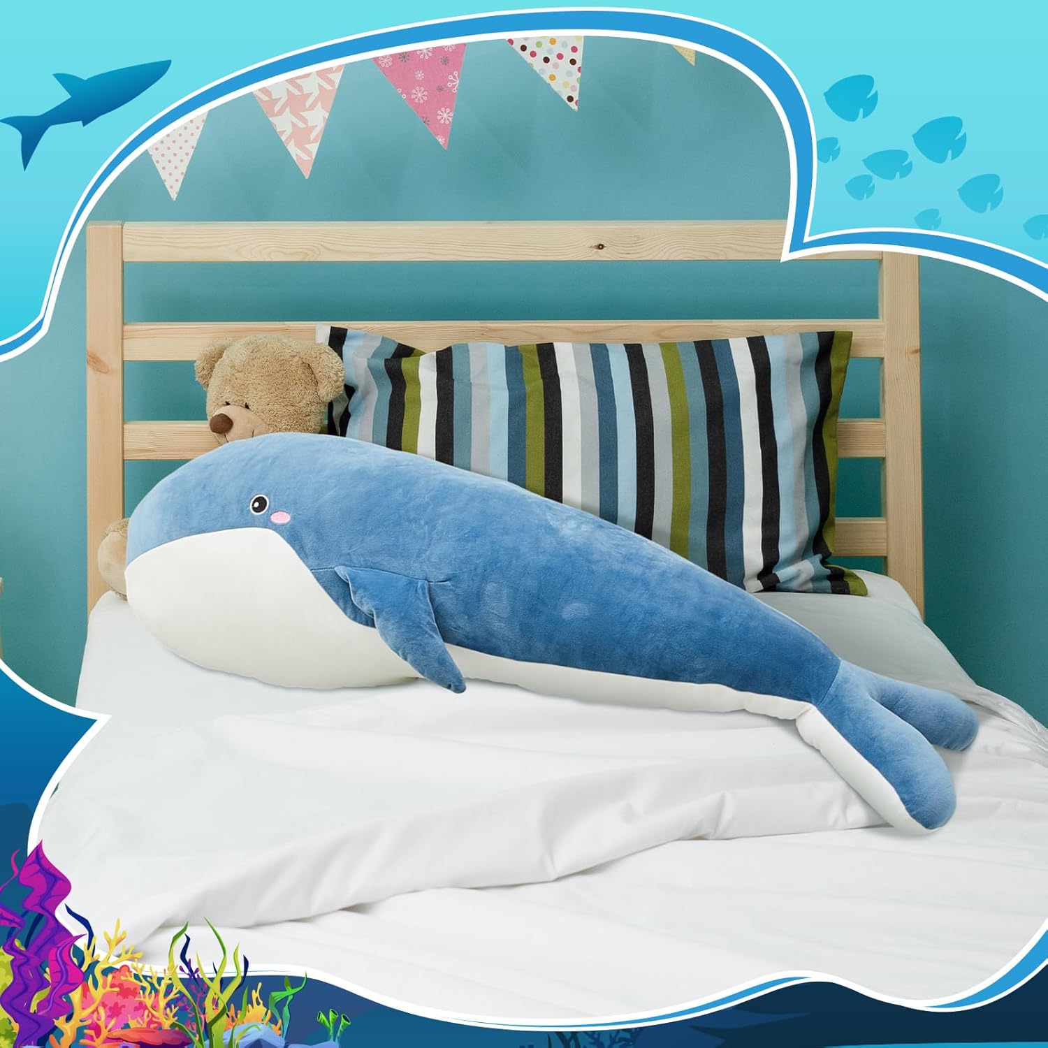 Muñeco de ballena de 47.2 pulgadas con diseño de ballena grande y delfín, lindas almohadas decorativas grandes, almohada de peluche de ballena de