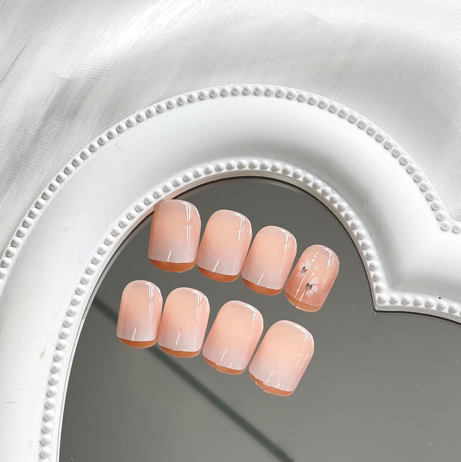 Uñas postizas cortas cuadradas SWEKKE con punta francesa, uñas postizas de color rosa degradado, cobertura completa, flores, con diseños de