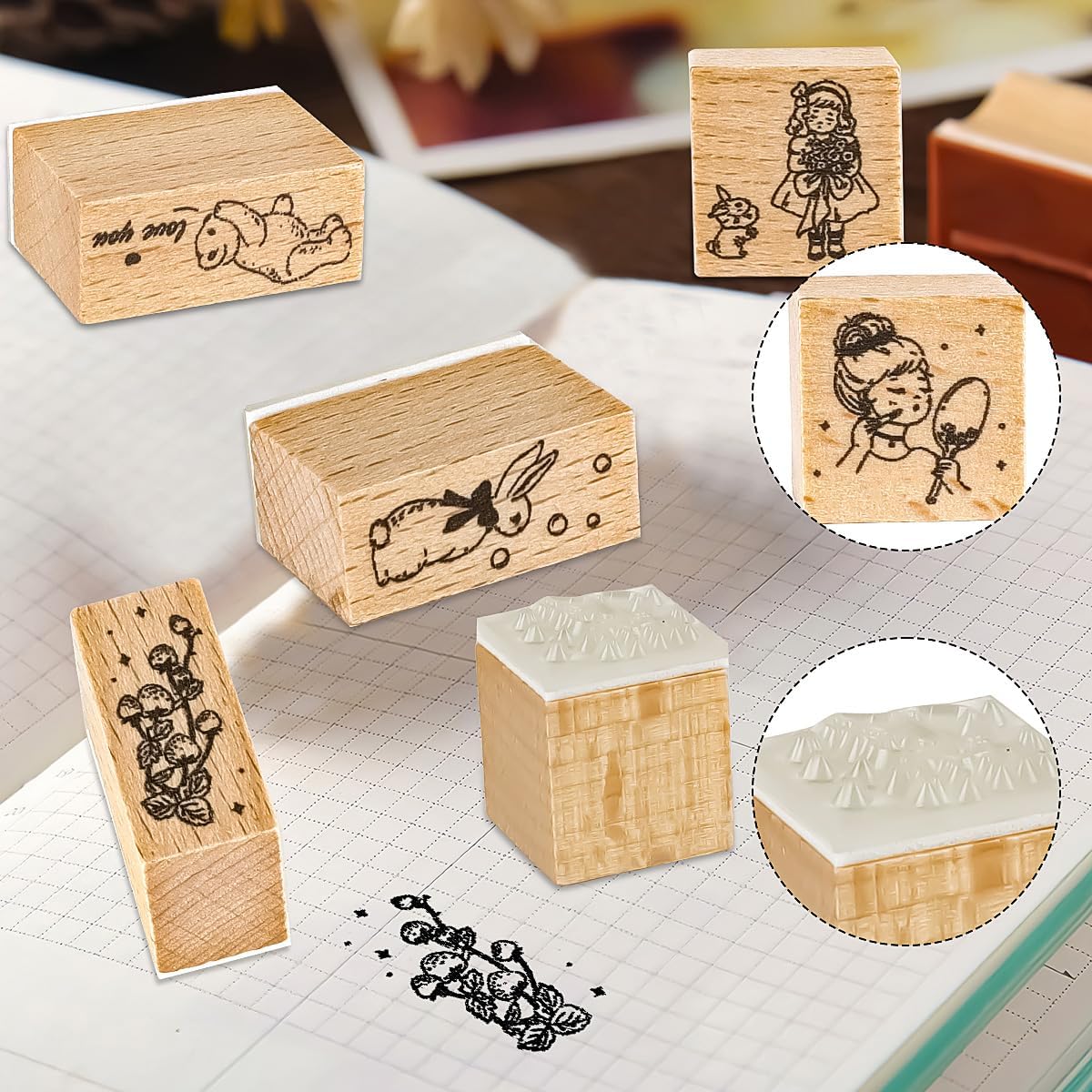 Sello de goma con patrones de plantas de madera, juego de sellos de goma decorativos de madera para manualidades, tarjetas de manualidades, álbumes