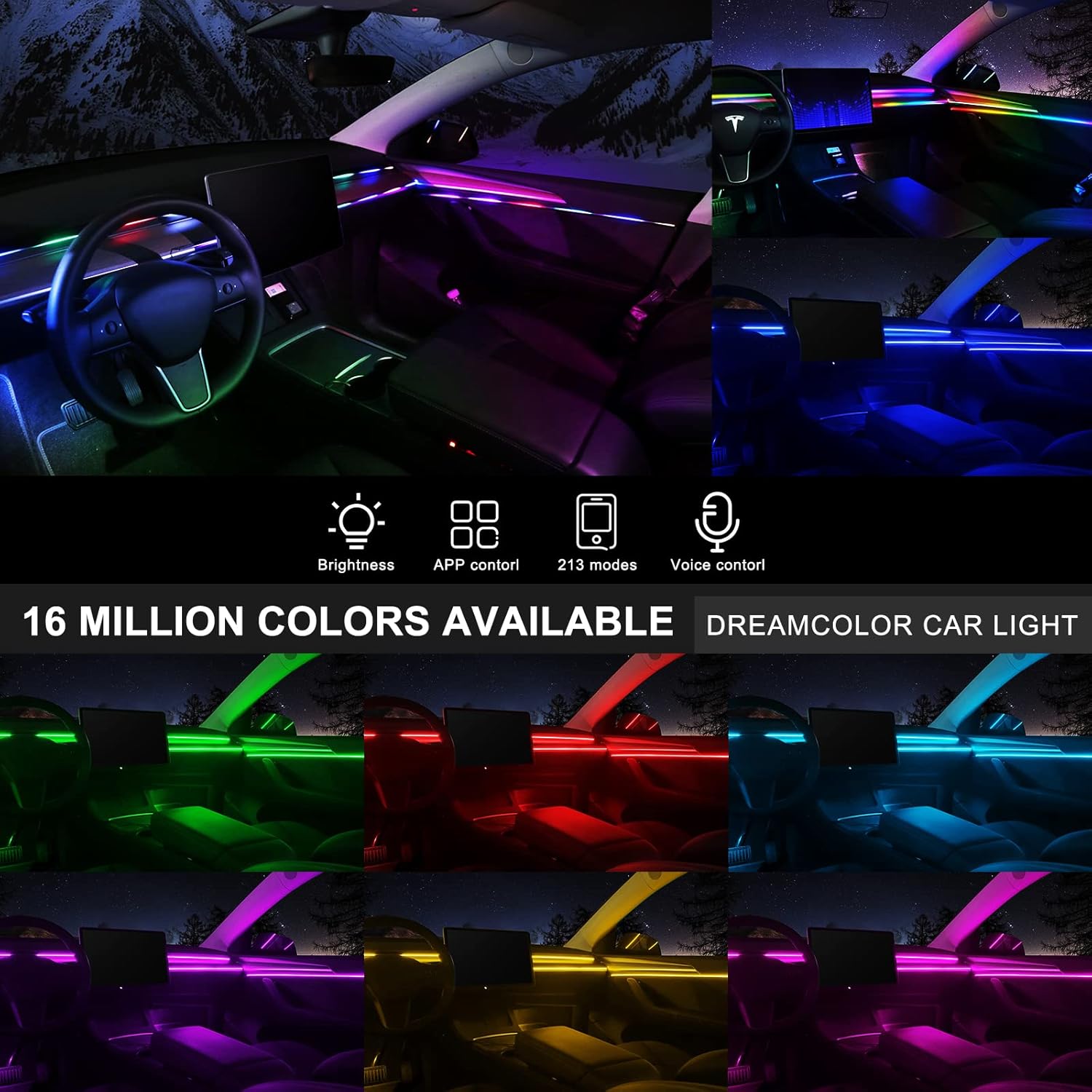 Dreamcolor – Tira de luz LED acrílica para interior de automóvil con aplicación inalámbrica, RGB 6 en 1 con kits de iluminación ambiental de fibra