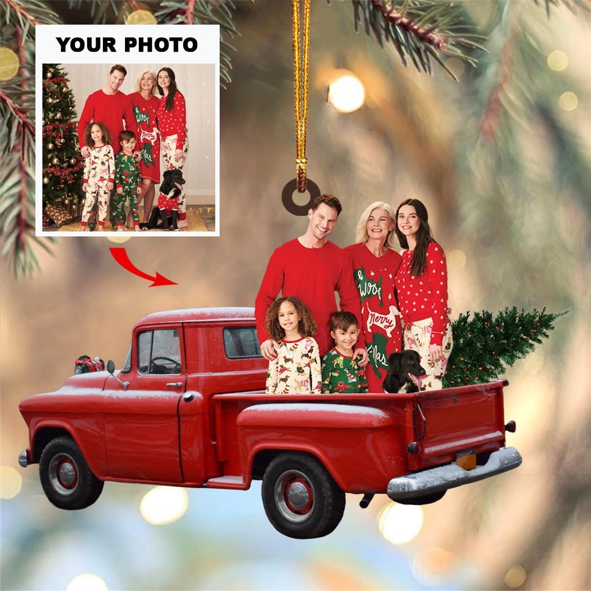 Adorno personalizado para tu foto, adorno de mica con foto personalizada, adorno de Navidad familiar, camión rojo familiar, adorno fotográfico 2023,