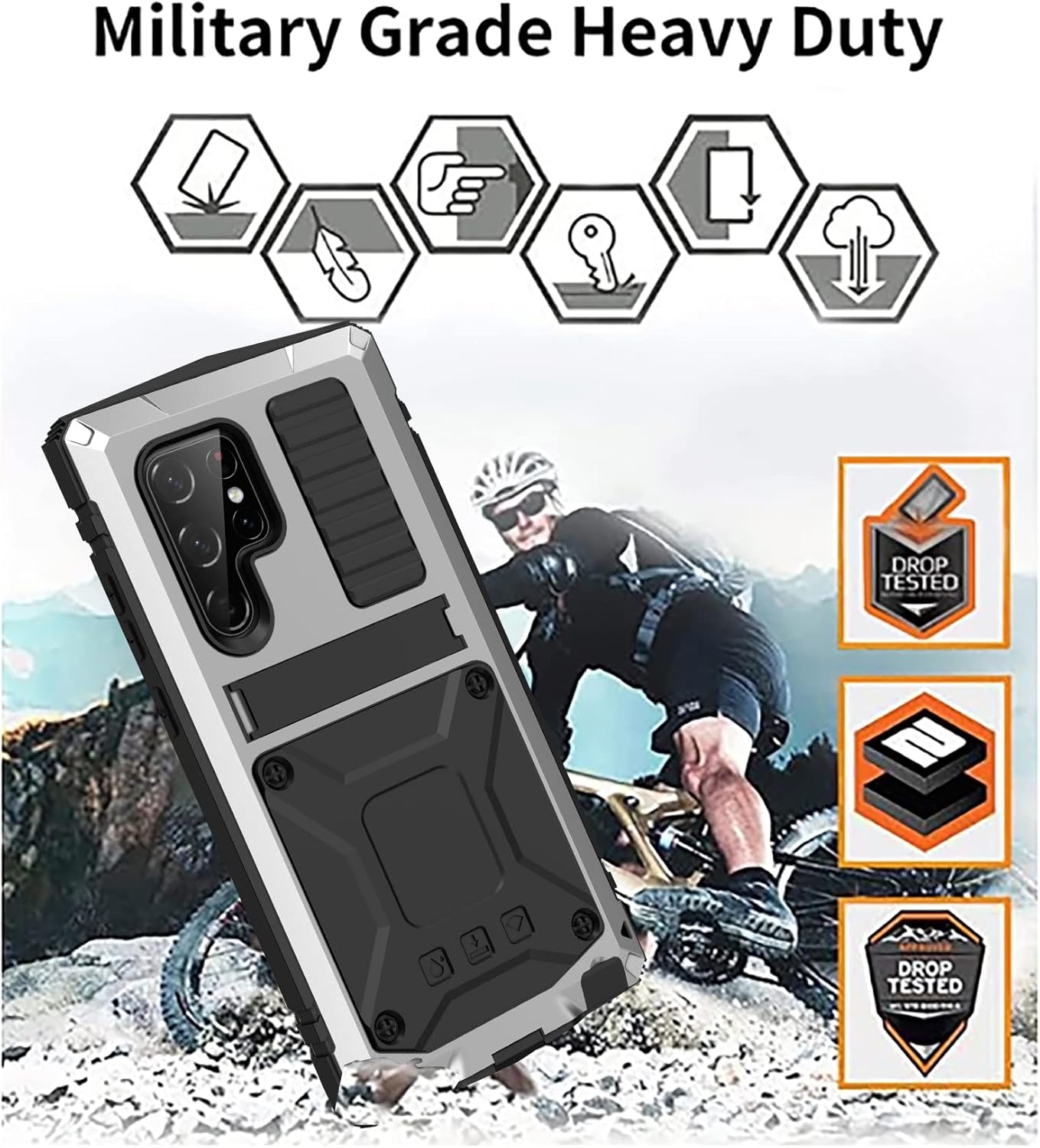 Funda de metal para Samsung S22 Ultra 5G con protector de pantalla con función atril, resistente armadura militar duradera, cuerpo completo,