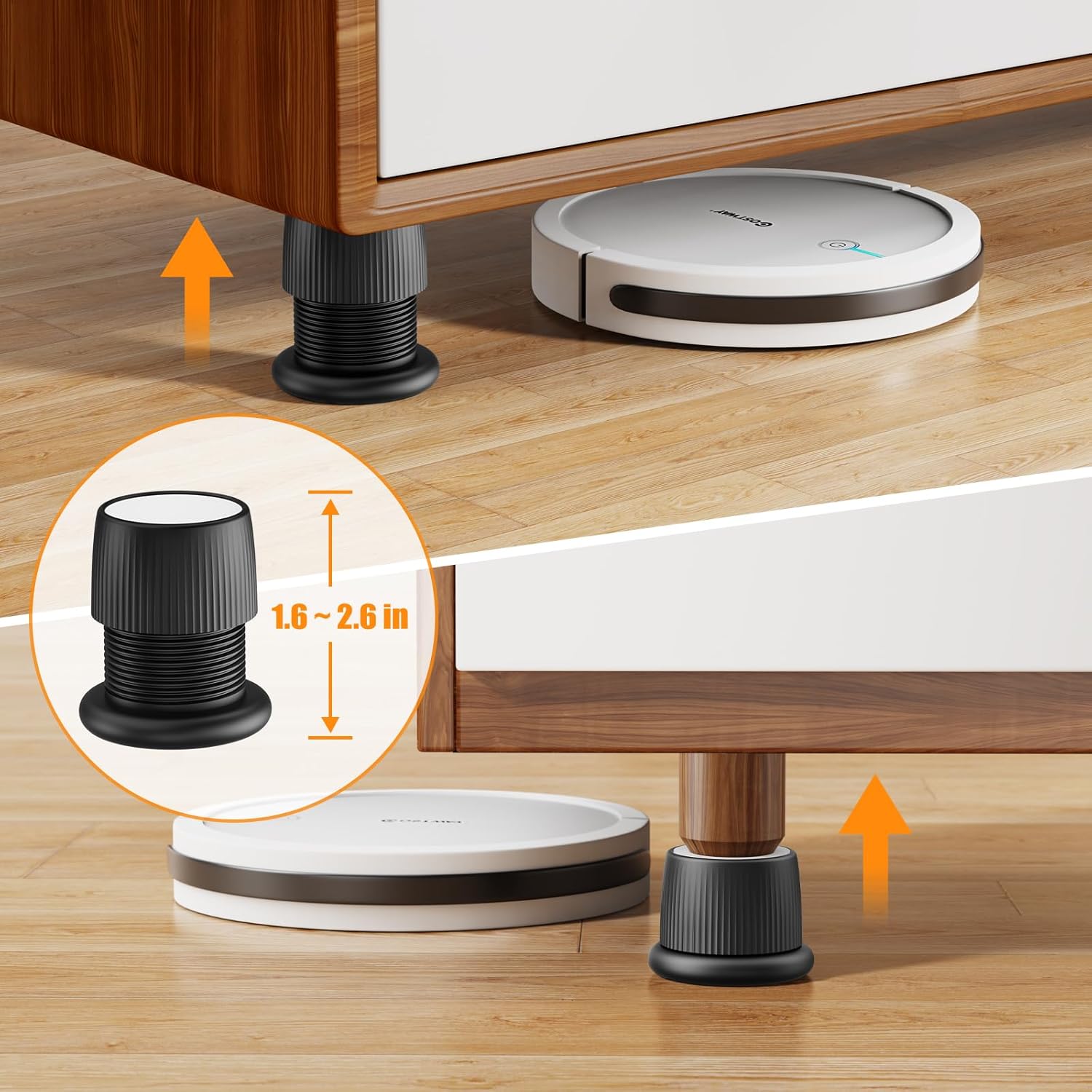 Elevadores ajustables de cama para muebles, de 1.6 a 2.6 pulgadas, color negro, plástico duradero, antideslizantes, de 2 pulgadas, tapón de cabecera