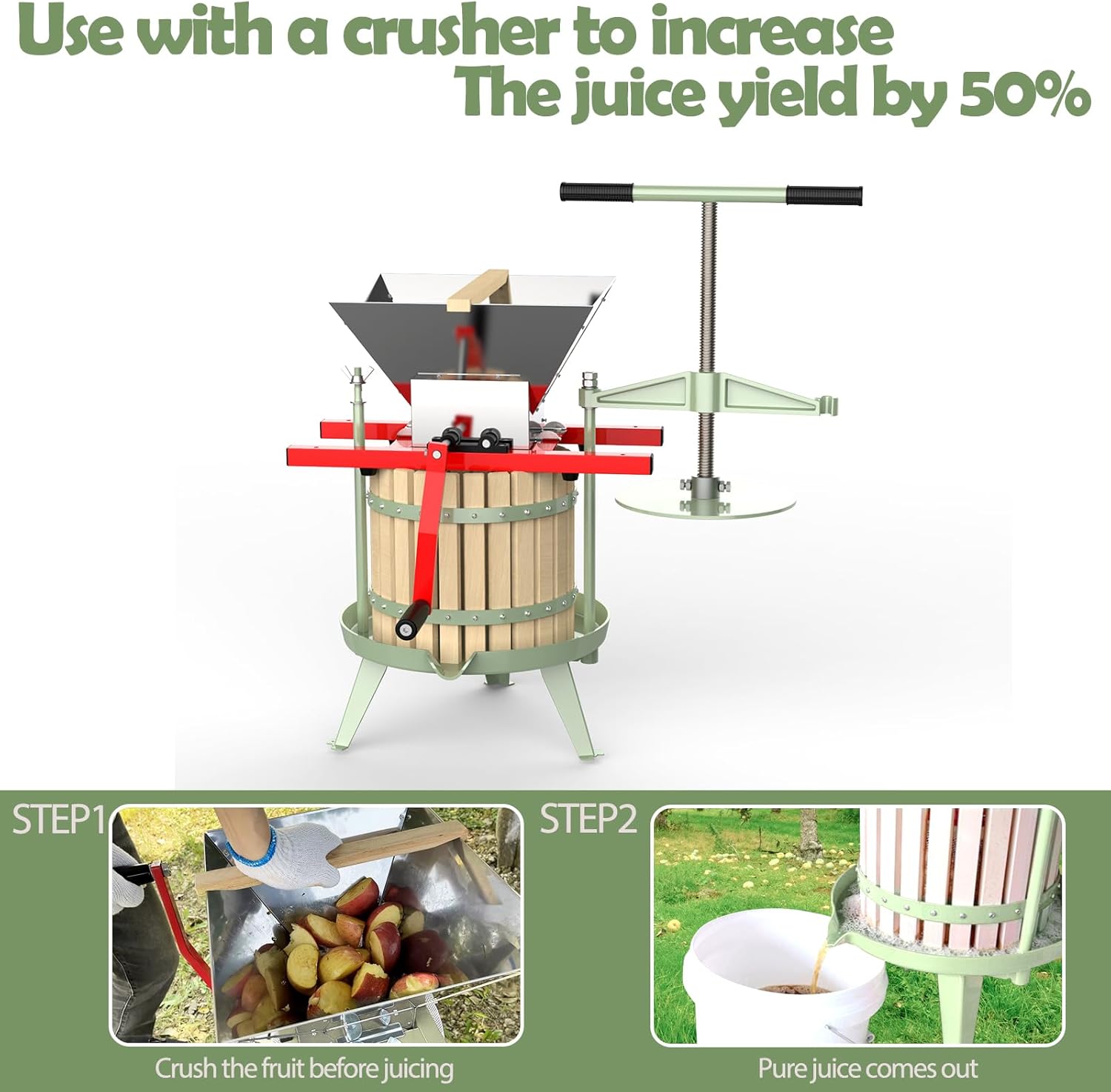 SQUEEZE master Prensa de sidra de vino de frutas, cesta de madera maciza, barra de mango de 3.17 galones12L-T con trituradora clásica de vino de