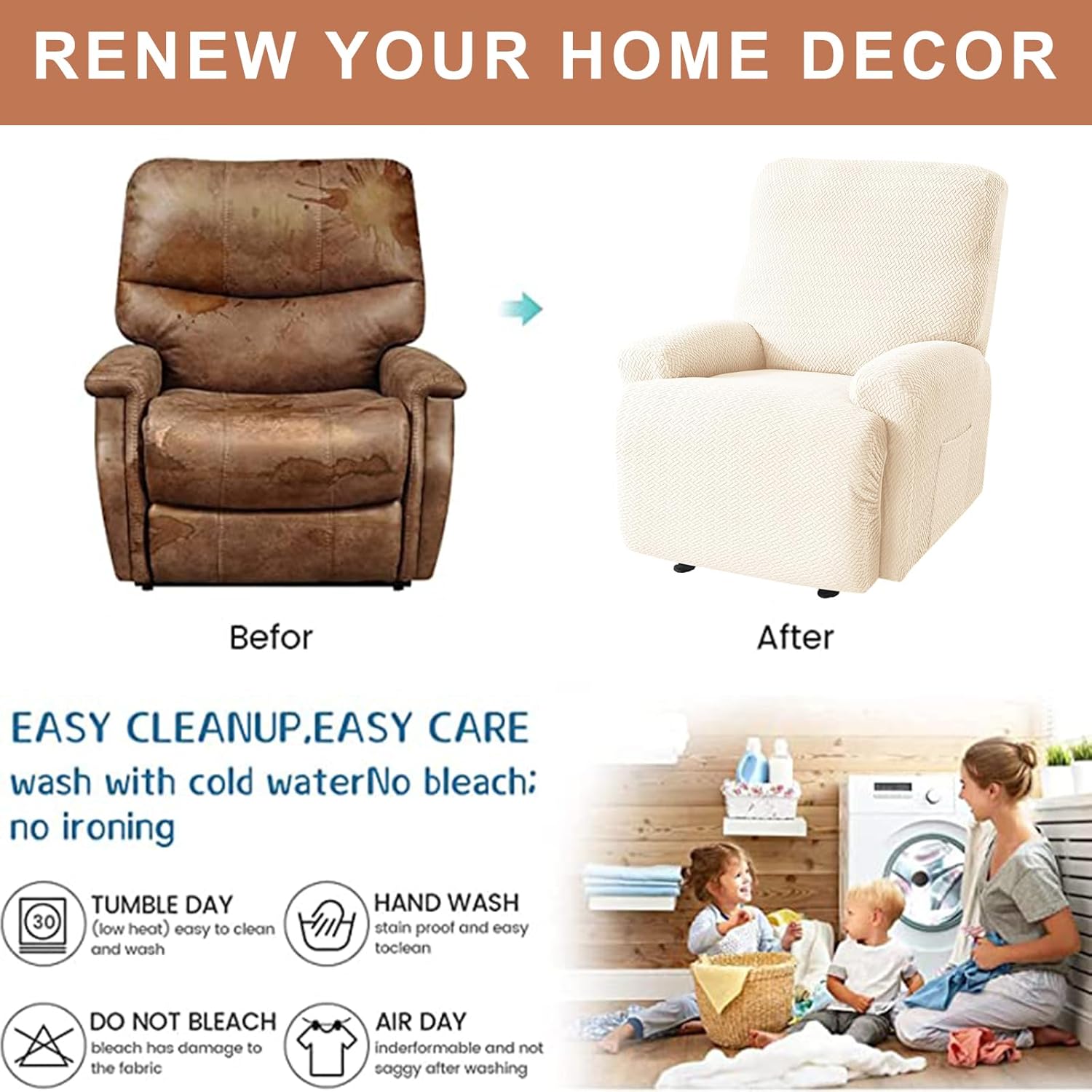 Eco-Ancheng Fundas reclinables Lazyboy de 4 piezas, fundas para sofá reclinable, fundas antideslizantes para sillas reclinables, con bolsillos de