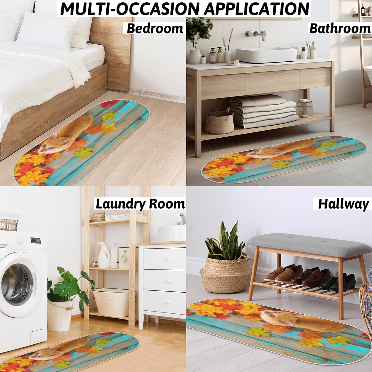 Cat Maple Leaves Memory Foam Bathroom Rug Runner Soft Cozy Bath Rug Water Absorbent Non-Slip Bathroom Mat Thick Velvet Shower Mat Bath Mat for