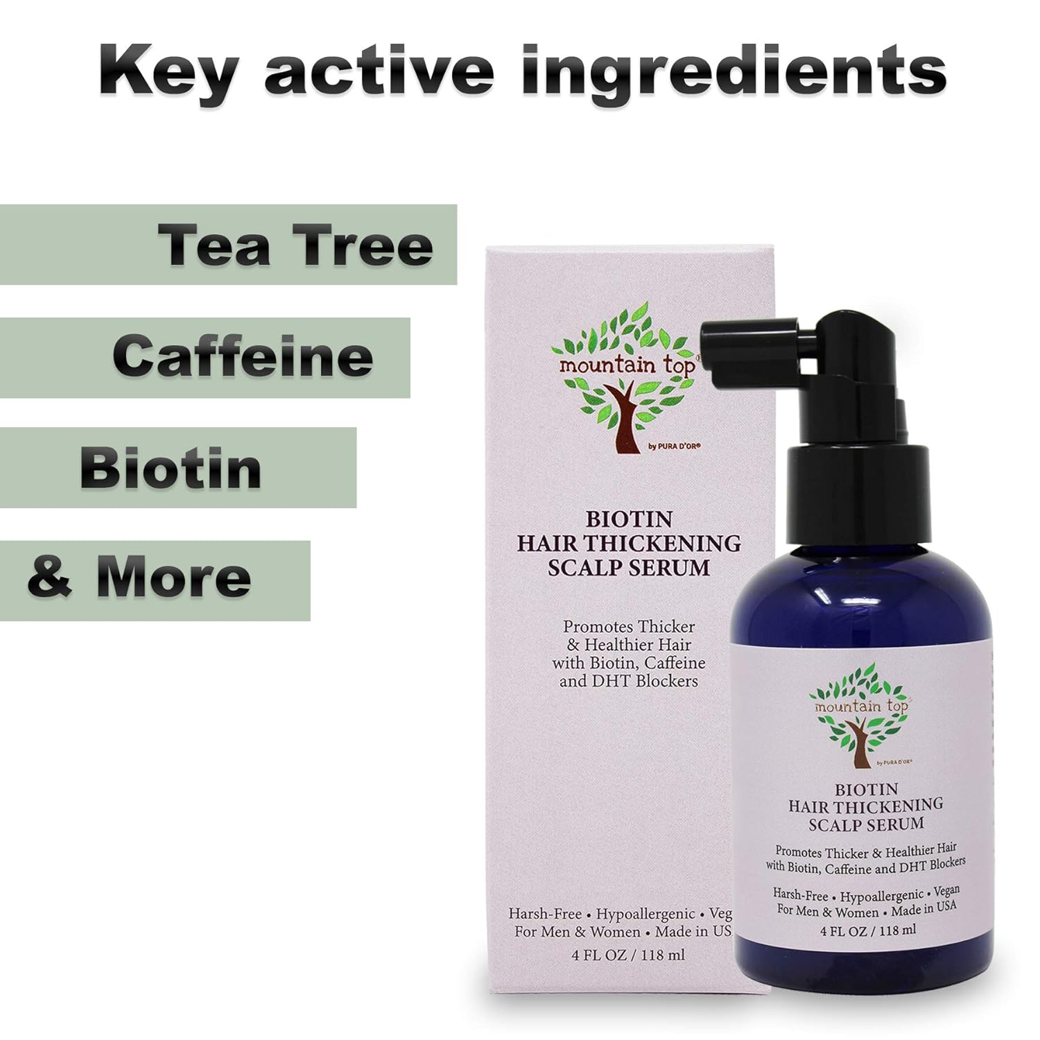 MOUNTAIN TOP Suero para el cuero cabelludo engrosante del cabello (4 onzas  4.0 fl oz) con aceite de argán, biotina, cafeína, bloqueadores de DHT y