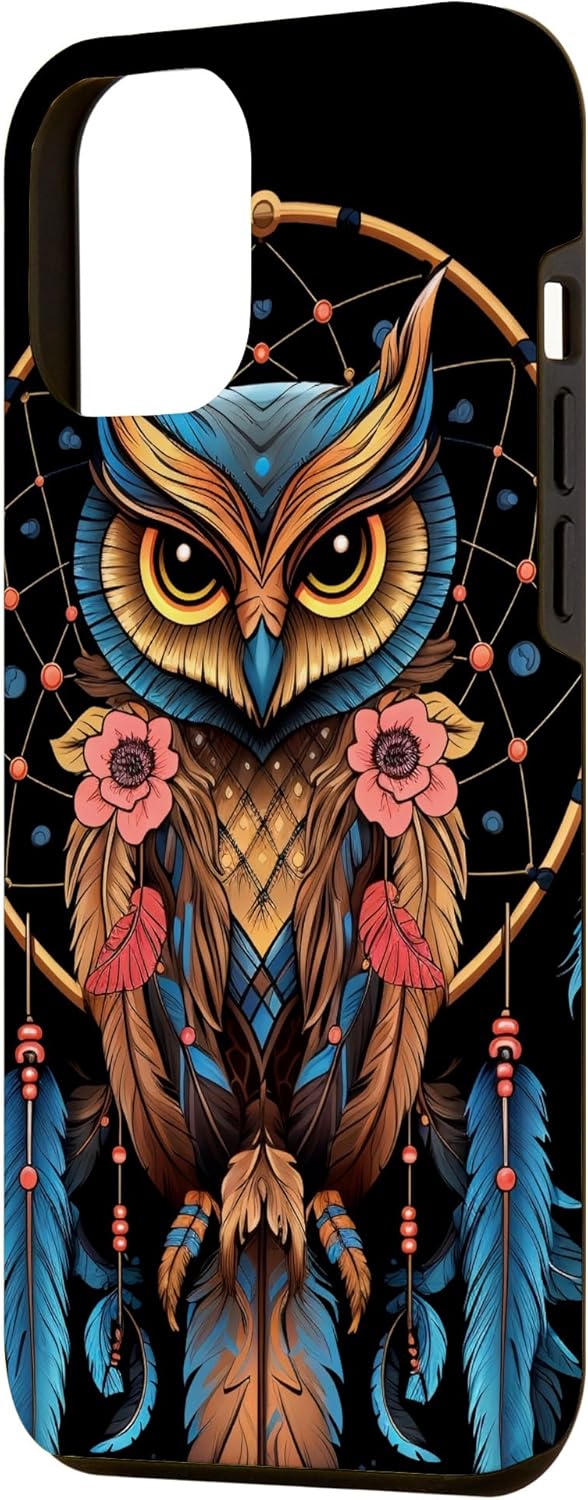 Funda para iPhone 13 Pro Max Owl Dreamcatcher nativo americano plumas tribales