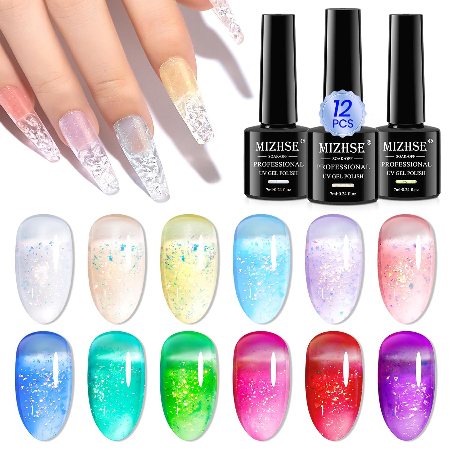 MIZHSE 12 esmaltes de gel de gelatina con purpurina, arte de uñas iridiscente brillante transparente, juego de manicura de verano de gel de