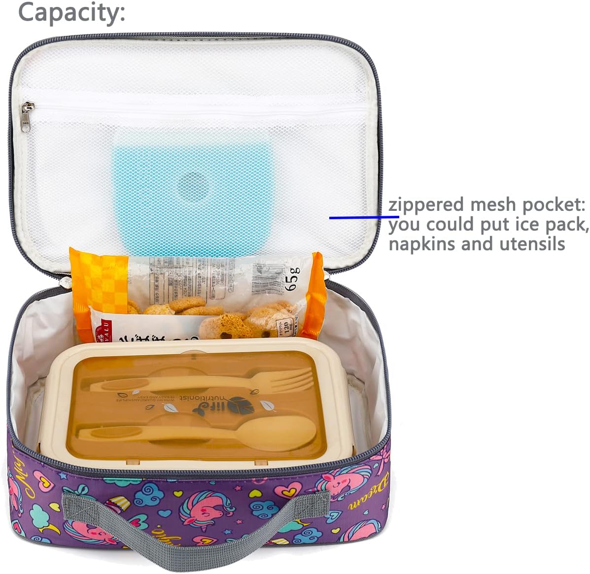 FlowFly – FlowFly – Lonchera térmica para niños, minihielera suave para el regreso a clases, lonchera para niñas, niños, unicornio morado