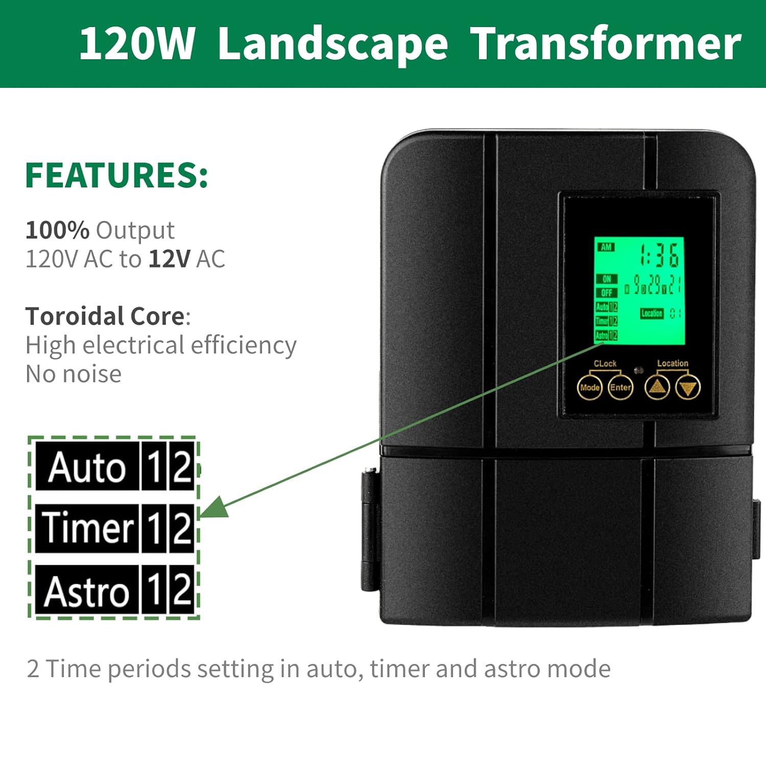 Transformador de iluminación de paisaje de núcleo toroidal de 120 W con temporizador y sensor, 120 V CA a 12 V CA, transformador de luz de bajo