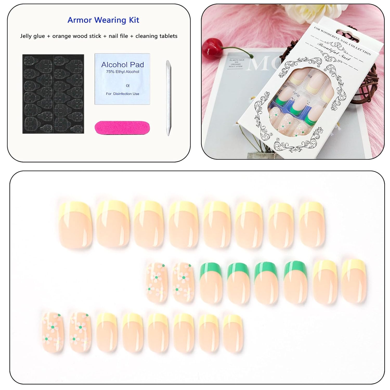 Uñas postizas cuadradas a presión, cortas, amarillas y verdes, uñas postizas acrílicas con diseños de flores blancas, uñas artificiales a presión,