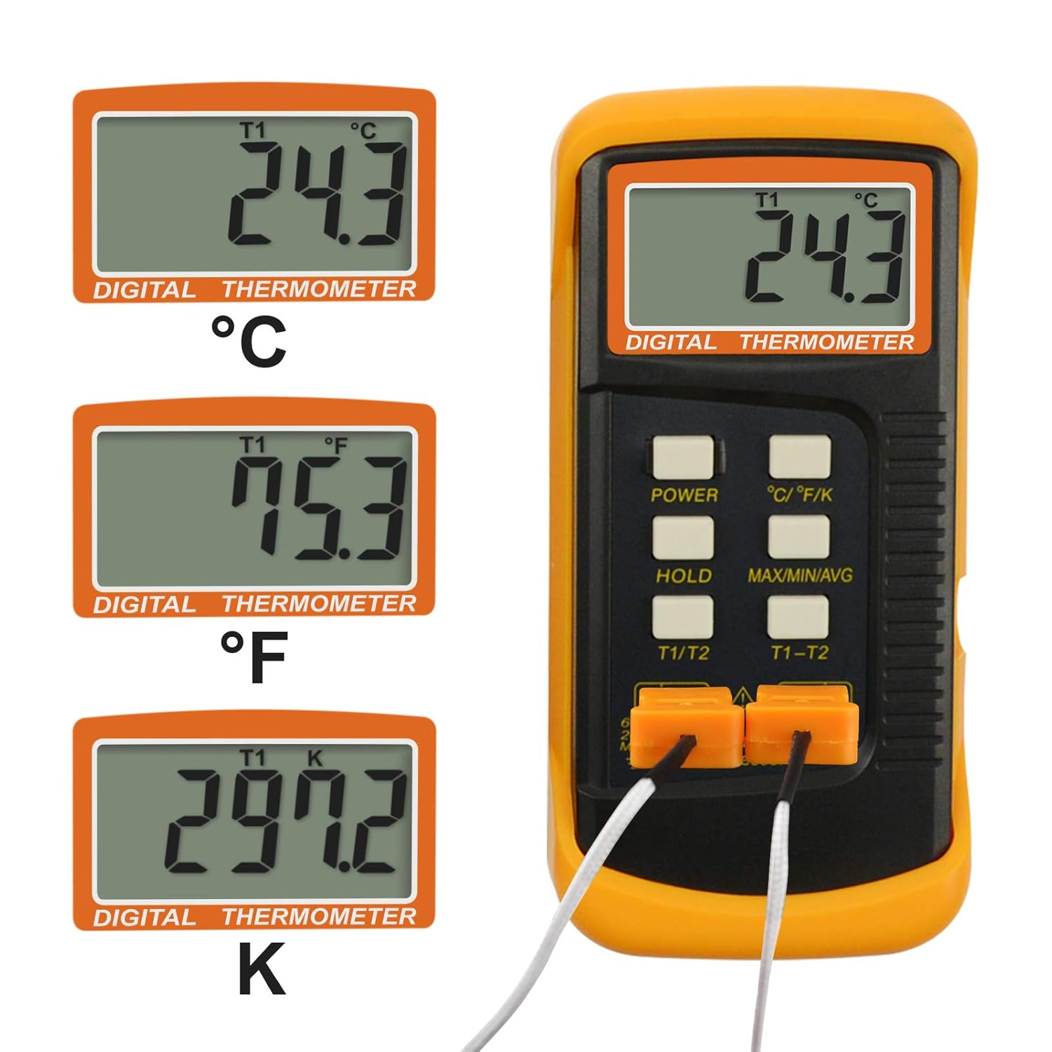 Termómetro digital tipo K de 2 canales 2 termopares -50  2,372.0 F (-58  2372 F) Sensor de medición dual de escala Kelvin de alta temperatura