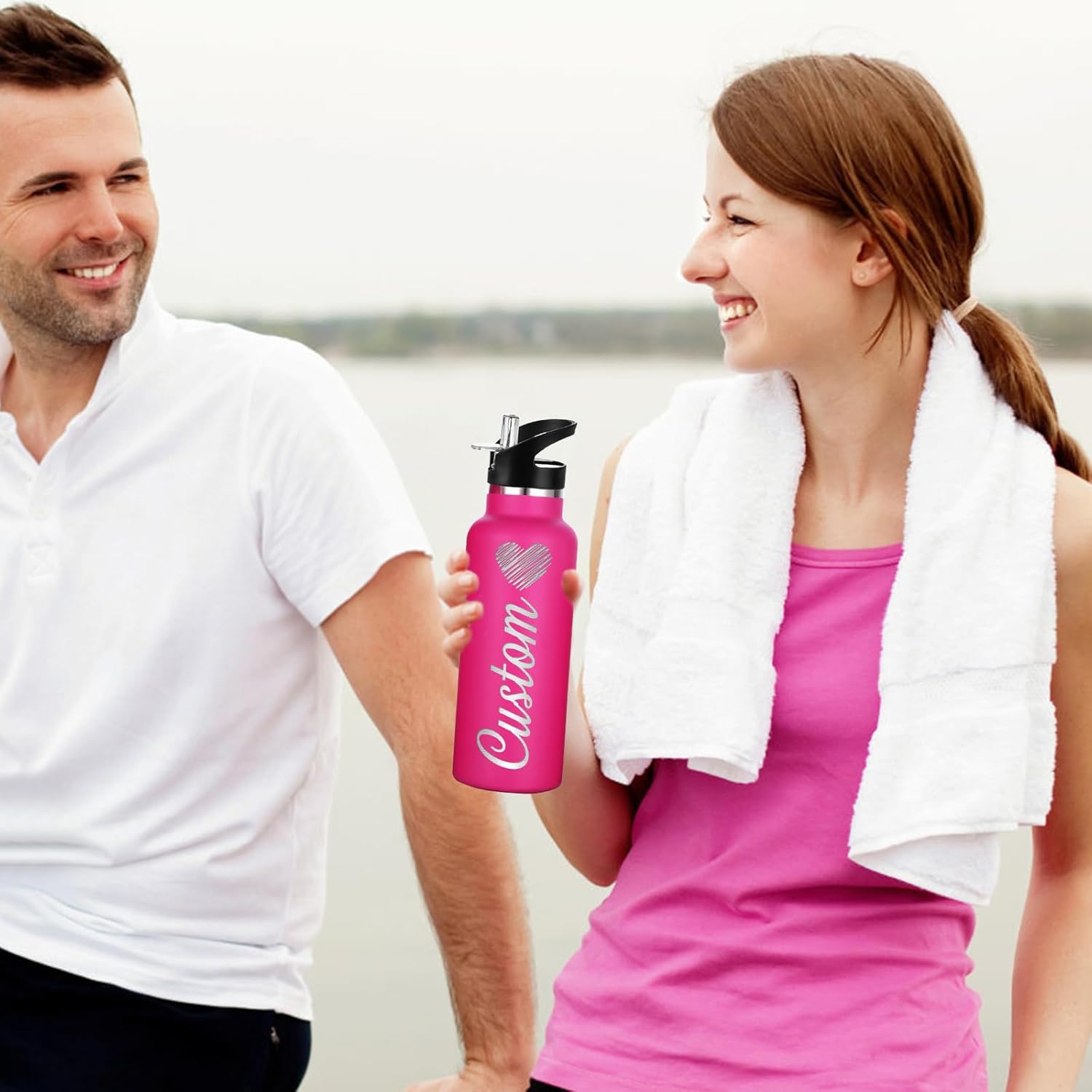 Botellas de agua personalizadas de 12 onzas, botella de agua de acero inoxidable personalizada con tapa con pajilla, botellas de doble pared