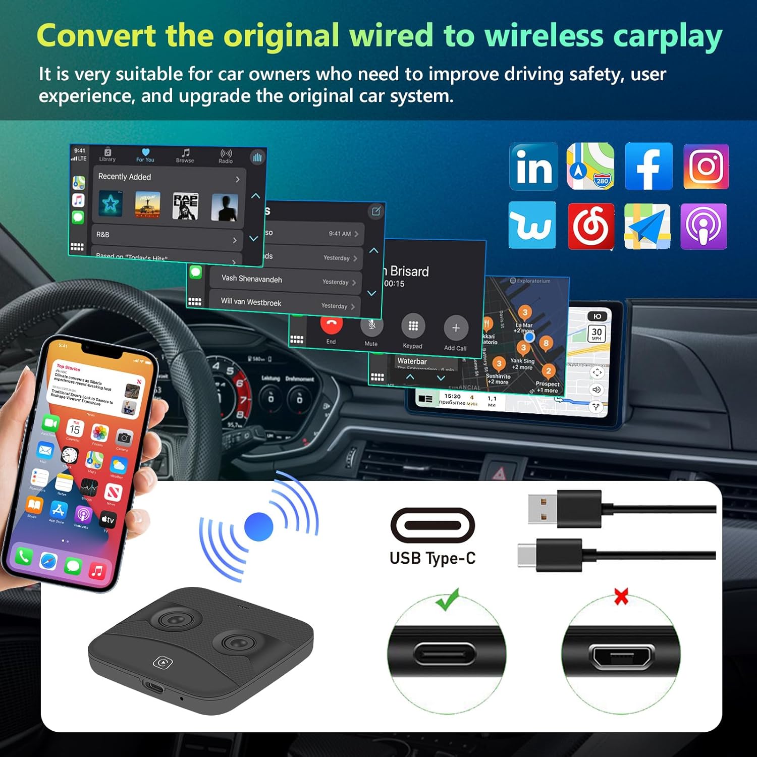 Podofo Adaptador inalámbrico Apple Carplay 2024 para fábrica con cable CarPlay iPhone Bluetooth Adaptador de coche con cable a inalámbrico Apple Car