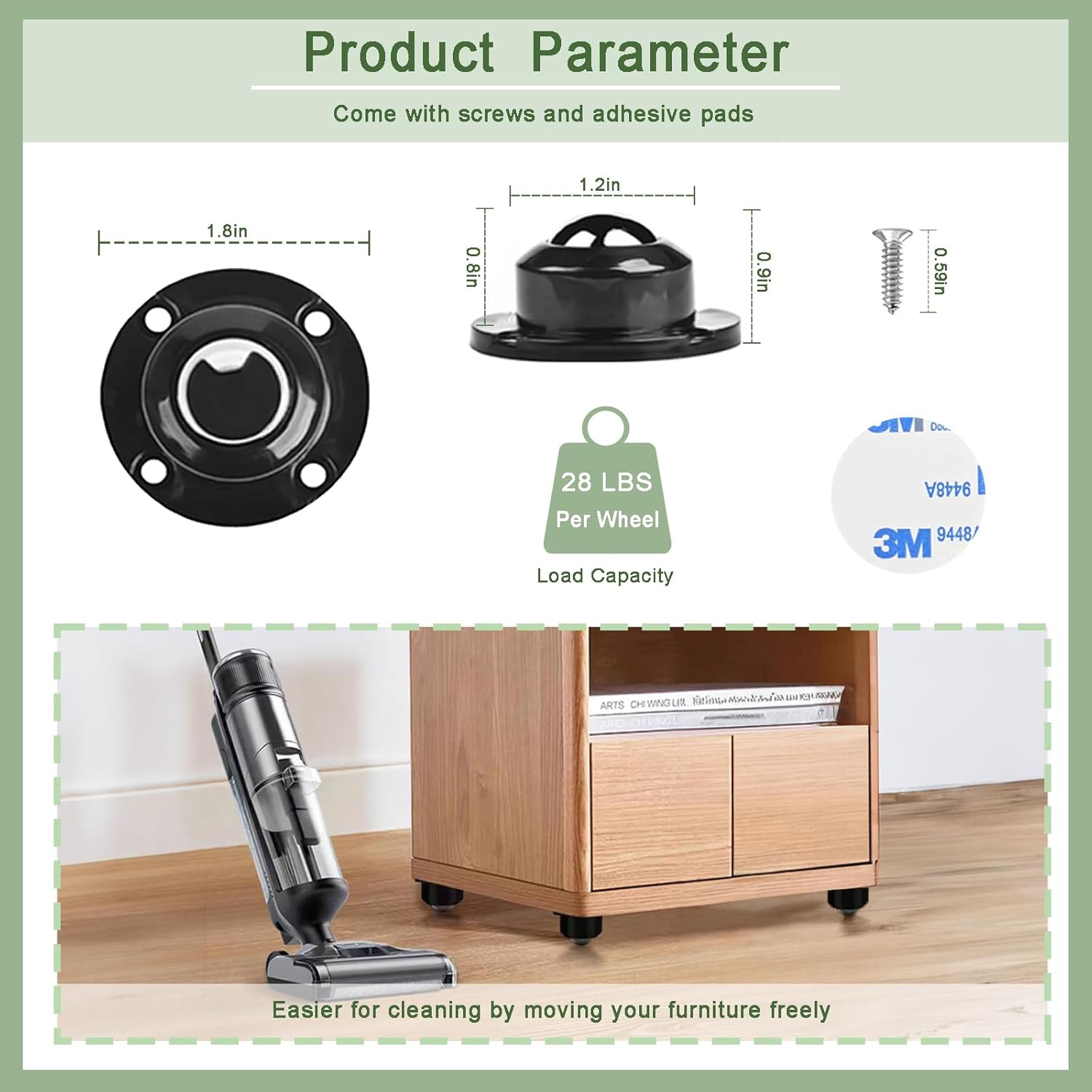Paquete de 4 ruedas giratorias autoadhesivas de 1 pulgada para muebles, capacidad de carga de 28 libras por rueda, ruedas giratorias de perfil bajo