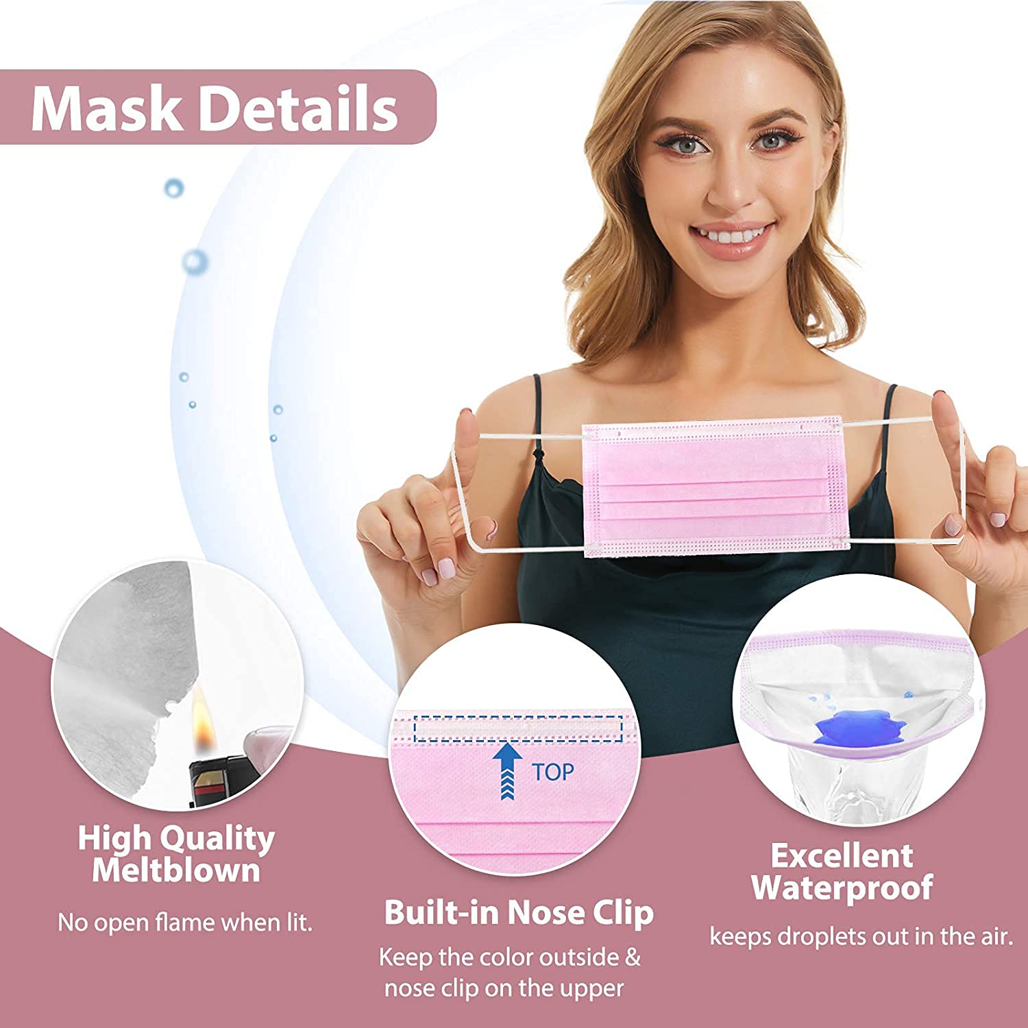 100 cubrebocas desechables de color rosa para mujer, 3 capas (2 no tejidos1 tela fundida) de un solo uso, clip para la nariz, ventilación de alta