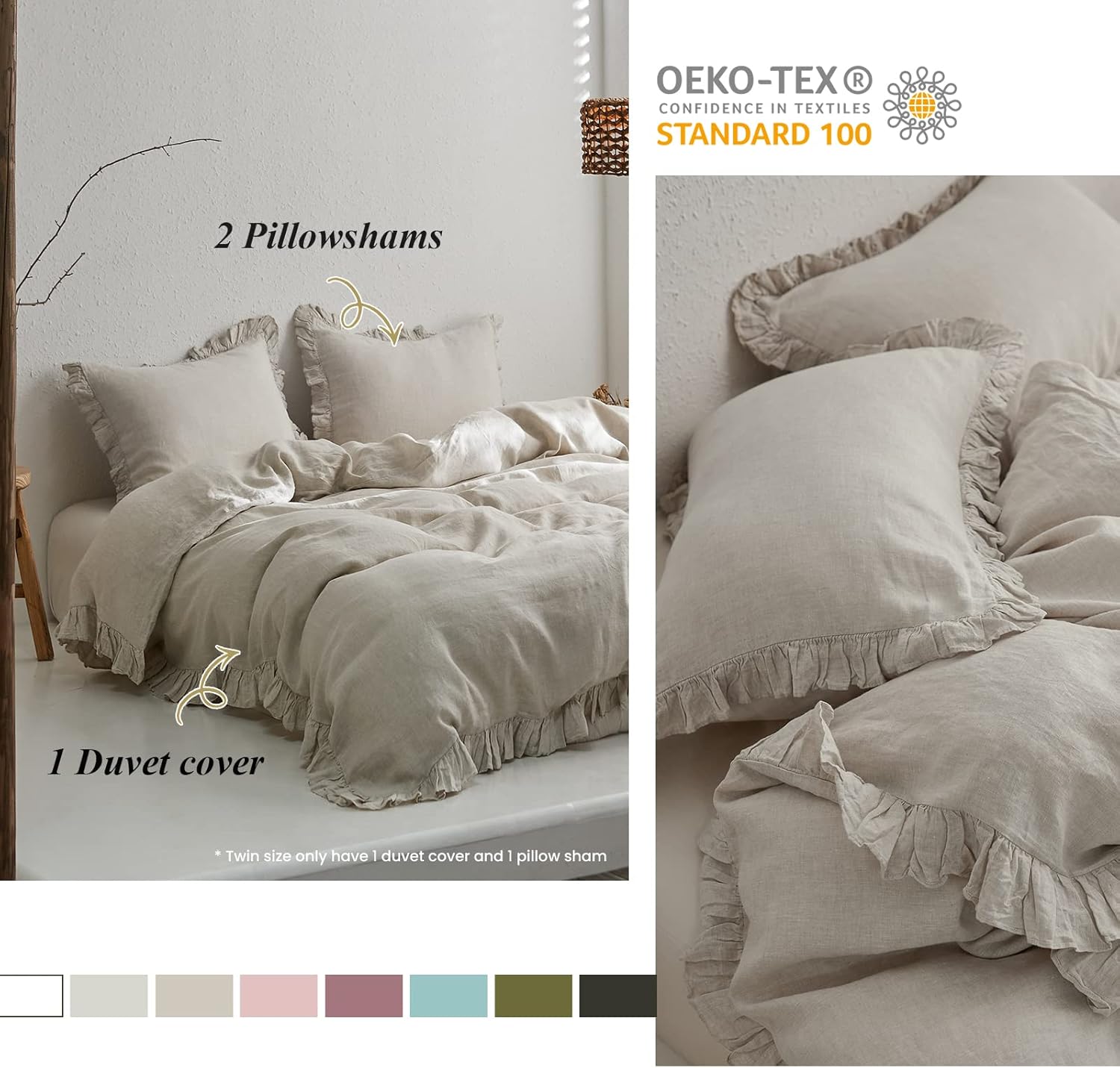 Simple&Opulence – Juego de funda de duvet de 3 piezas tamaño full, 100% lino lavado con volantes, incluye 1 funda de duvet y 2 fundas de almohada