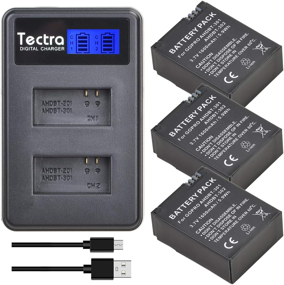 Tectra 3 piezas AHDBT-301 GoPro Hero3 batería de repuesto + pantalla LCD cargador USB dual para GoPro Hero 3 Hero 3+ accesorios de cámara