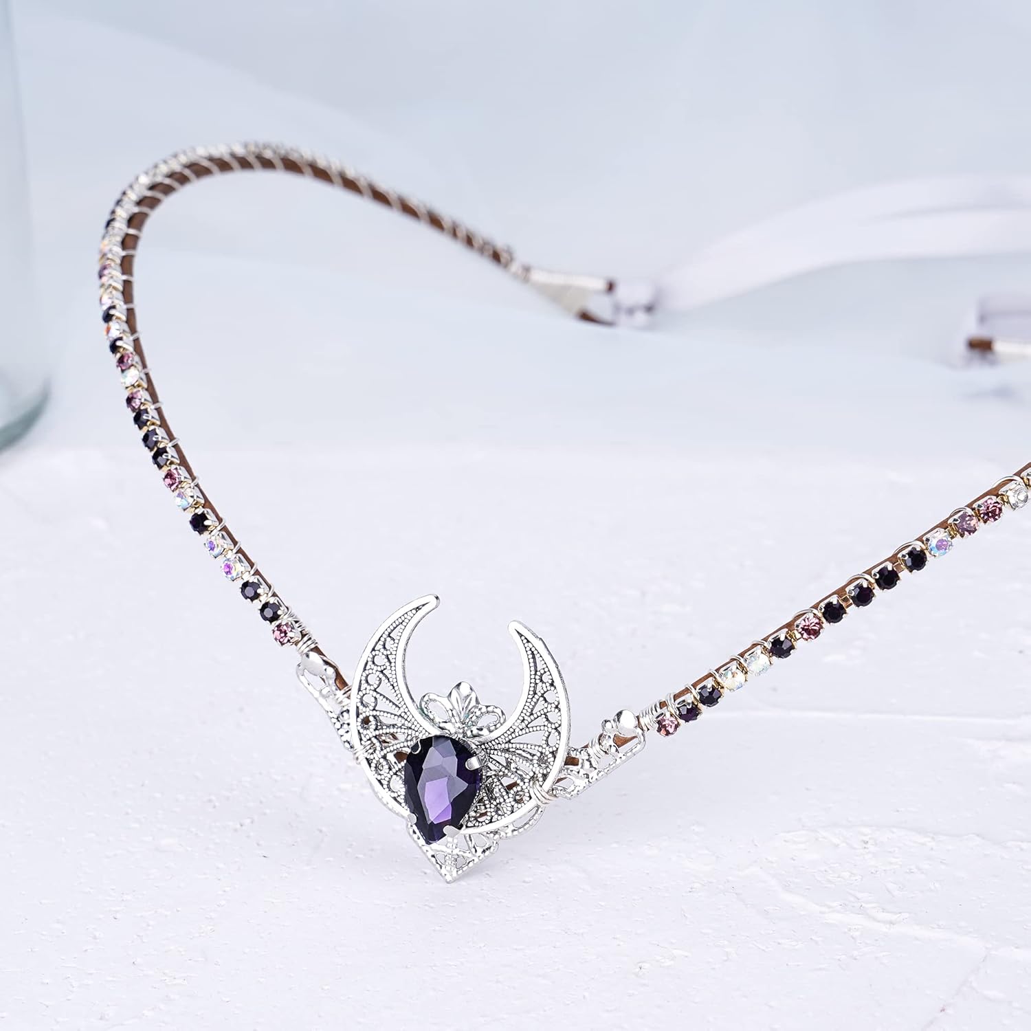MOSTORY Handmade Silver Moon Fairy Crown Rhinestone Elf Headpiece Elven Tiara for Princess Goddess Cosplay Wedding Bridal Shower Renaissance Faire