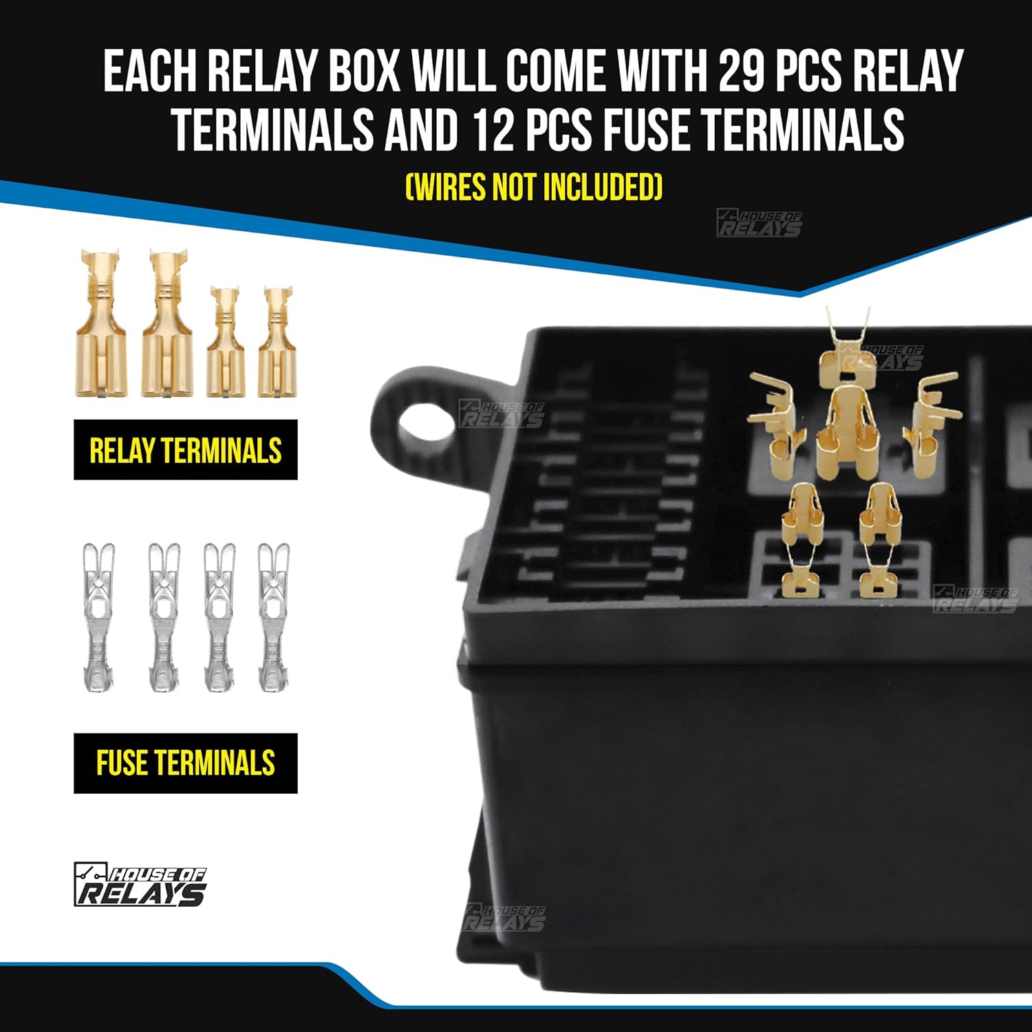 House of Relays Universal 12V DC Relé y bloque de fusibles con 5 pines JD1914 40A y 1 relés RTT7121 de 4 pines de 4 pines, 6 fusibles ATCATO, caja