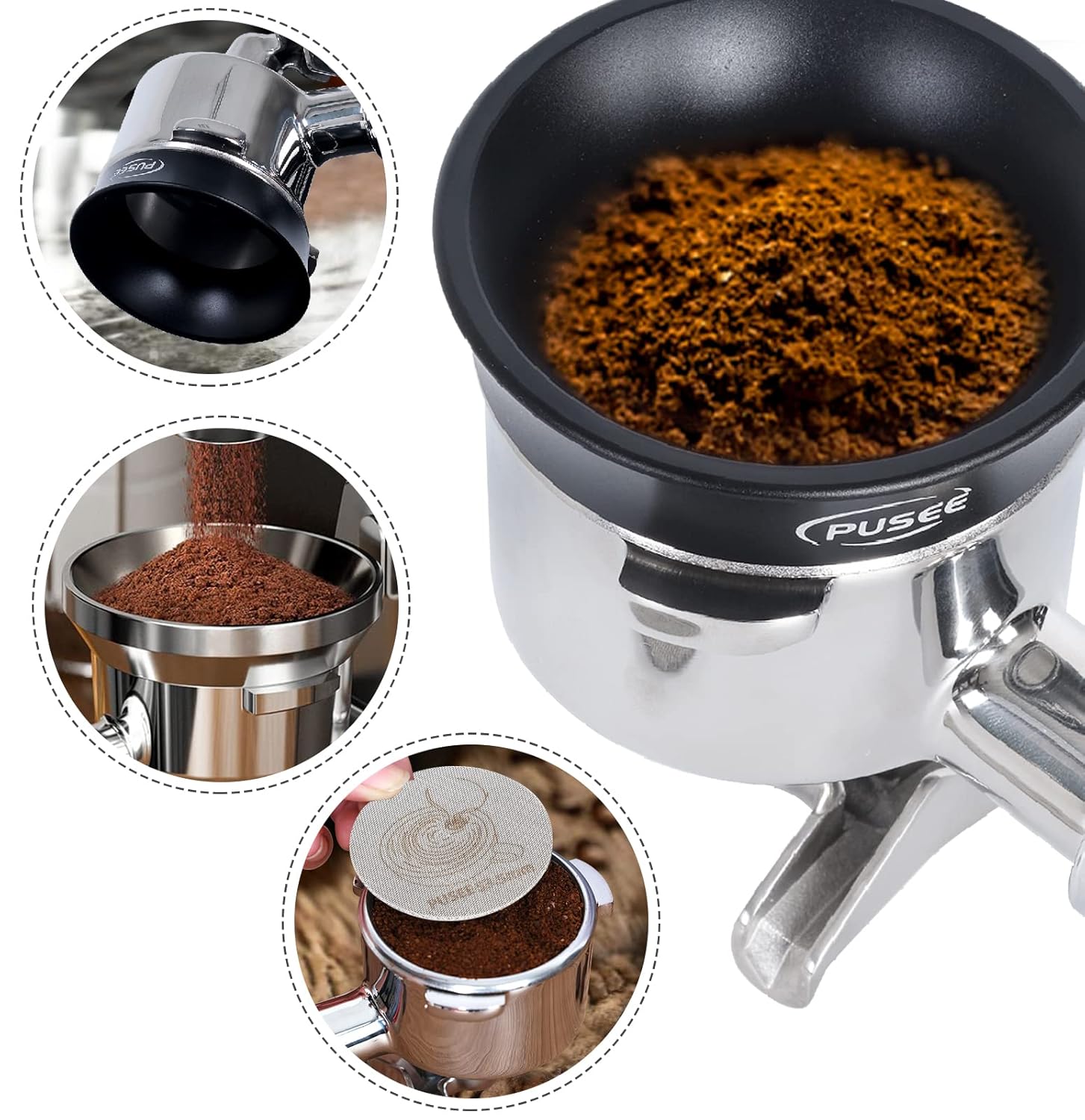 PUSEE Embudo de dosificación de espresso de 2.008 in y pantalla de disco de 2.008 in, anillo dosificador de café magnético de metal de aluminio,