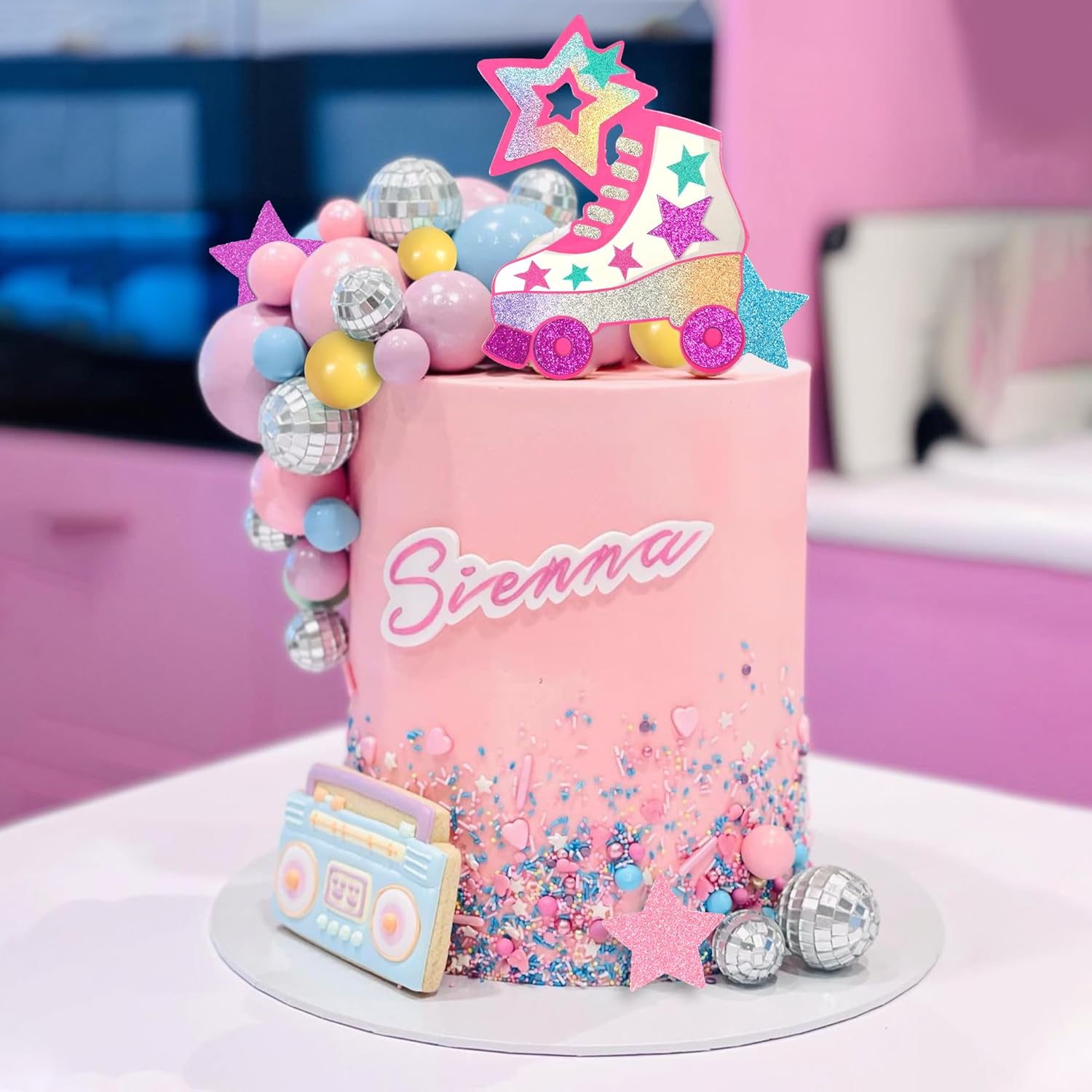 Decoración para tartas de patinaje sobre ruedas, bola de disco, decoración de pasteles de bolas pastel para niñas de los años 80 y 90, patinaje, hip