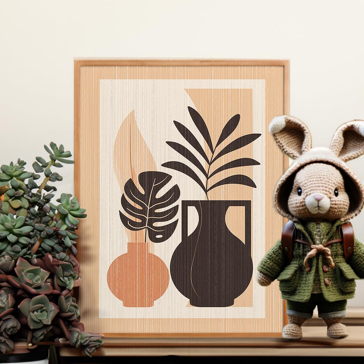 SHOXREM Decoración de pared de cuerda floreros modernos, plantas de helecho en borla de algodón con marco, naturaleza muerta abstracta para sala de