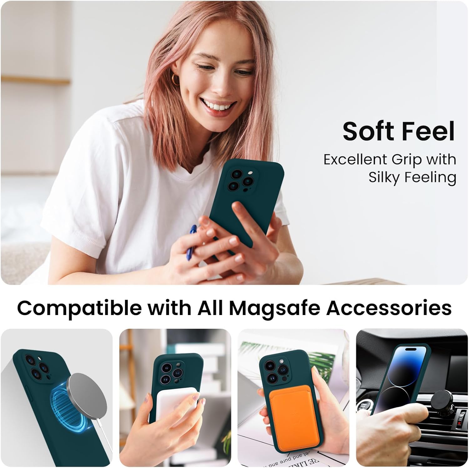 Funda magnética para iPhone 14 Pro compatible con MagSafe silicona mejorada protección de cámara, funda para teléfono, forro interior de microfibra