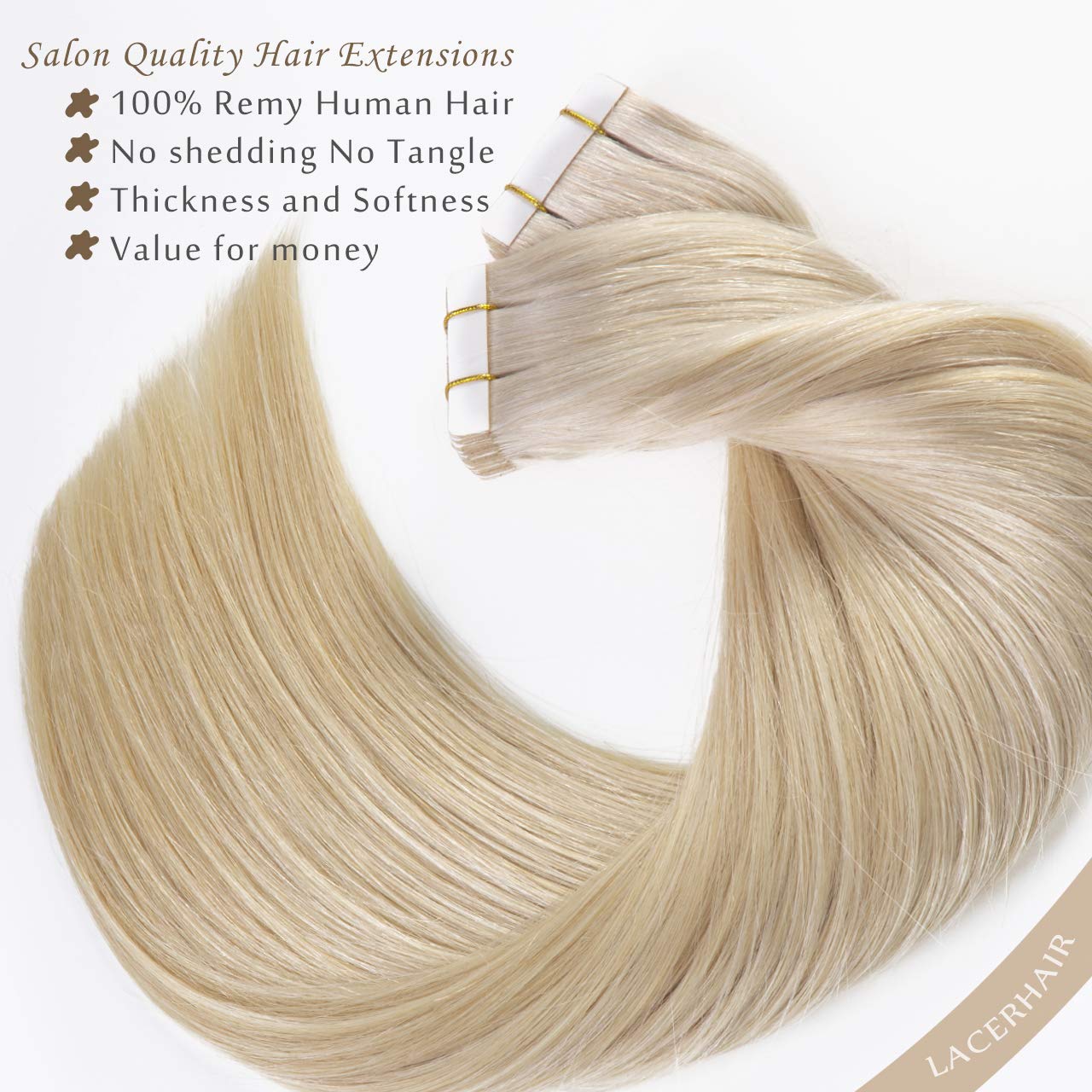 Lacer Extensiones de cabello humano Remi Remy con cinta adhesiva en trama de piel, sin costuras, 60A, rubio ceniza platino, 100% real, Remi Remi,
