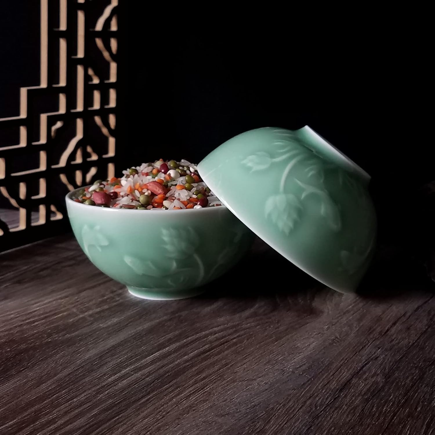 Celadon – Cuencos de cereales de porcelana de 10 onzas, 4.5 pulgadas, cuenco de arroz grabado Lotus apto para microondas y lavavajillas (4.5