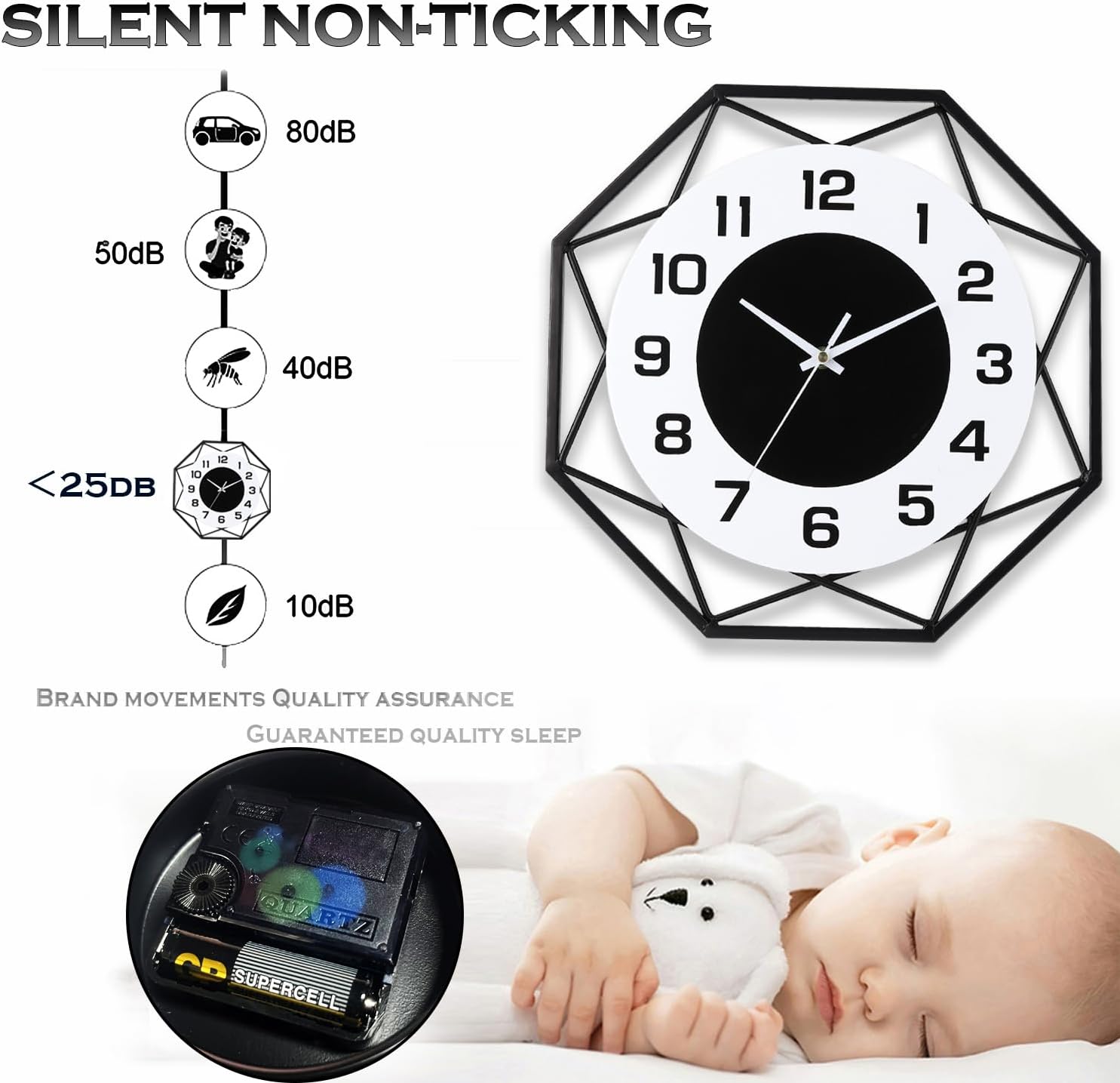 Reloj de pared decorativo de 14.2 pulgadas, reloj de pared silencioso de cuarzo de calidad sin tictac, funciona con pilas, reloj de pared grande