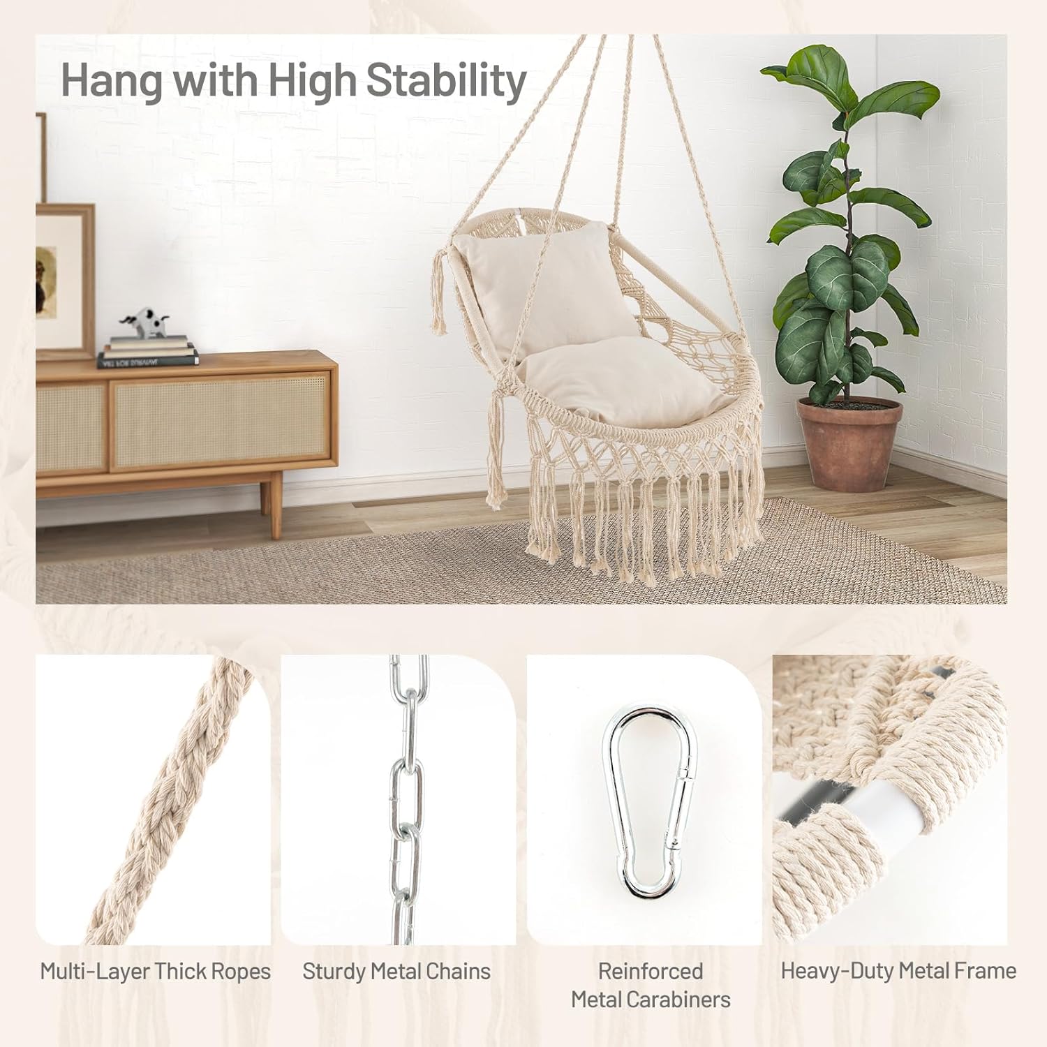 Giantex Silla columpio de macramé, columpio colgante de porche con cojines de asiento suaves, cuerda de algodón y kits de herramientas, soporta