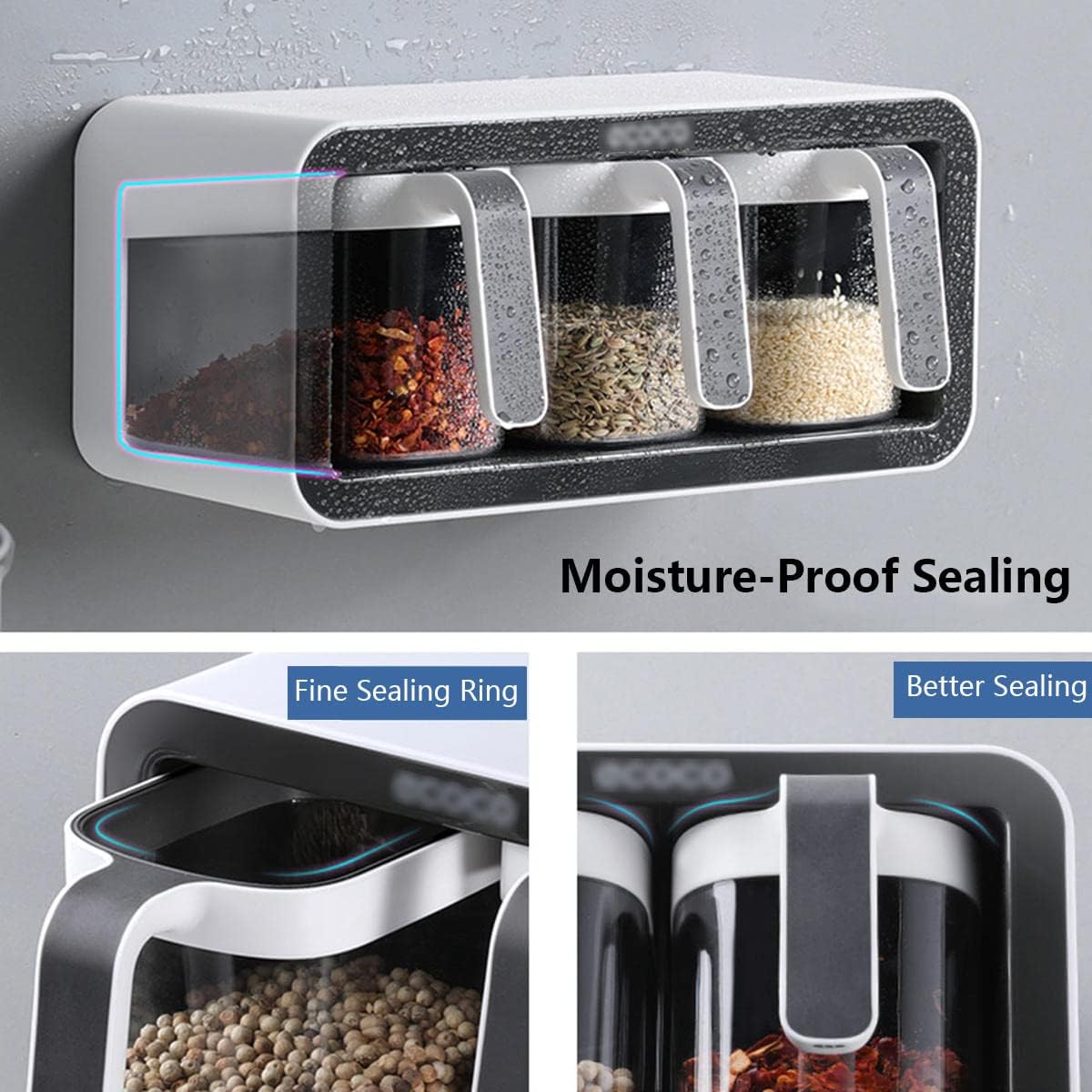 Contenedores de condimentos montados en la pared, caja de condimentos autoadhesiva, frascos de condimentos con cuchara, organizador de