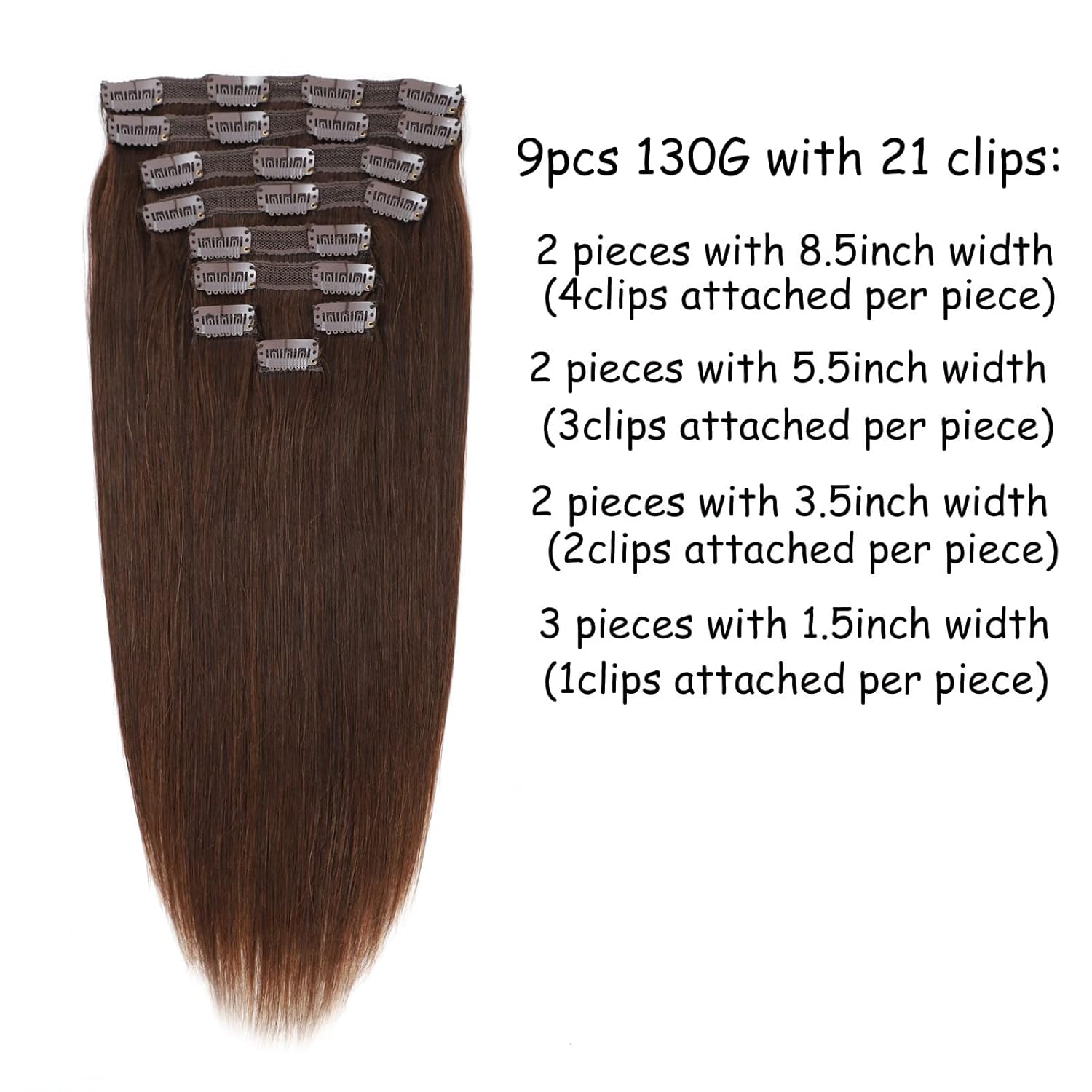 QueenYoung Extensiones de cabello humano real con broches, 9 unidades, 4.33 oz, extensiones de cabello humano liso natural y suave, extensiones de