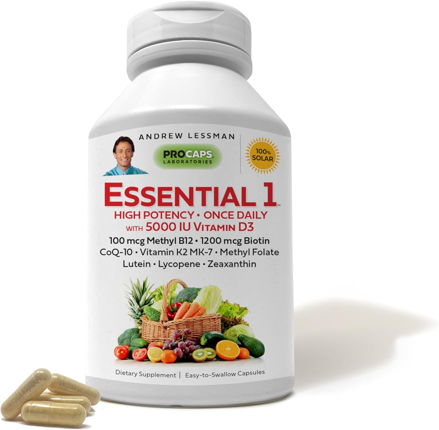 ANDREW LESSMAN Essential-1 Multivitamínico 5000 UI Vitamina D3 60 Cápsulas Pequeñas  100 mcg de Metil B12. Luteína Licopeno Zeaxantina CoQ10. Alta