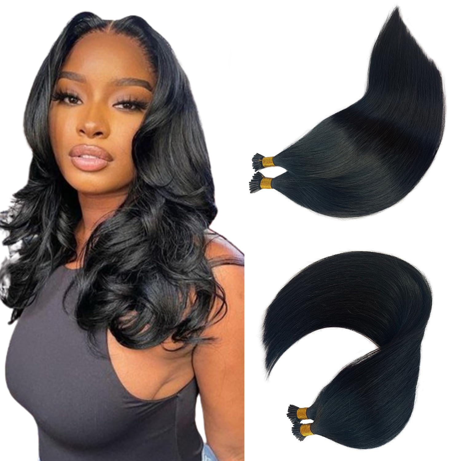 Extensiones de cabello humano real con punta I Tip color negro azabache, 1.76 oz, 100 spaquete, extensiones de cabello humano para mujeres negras,