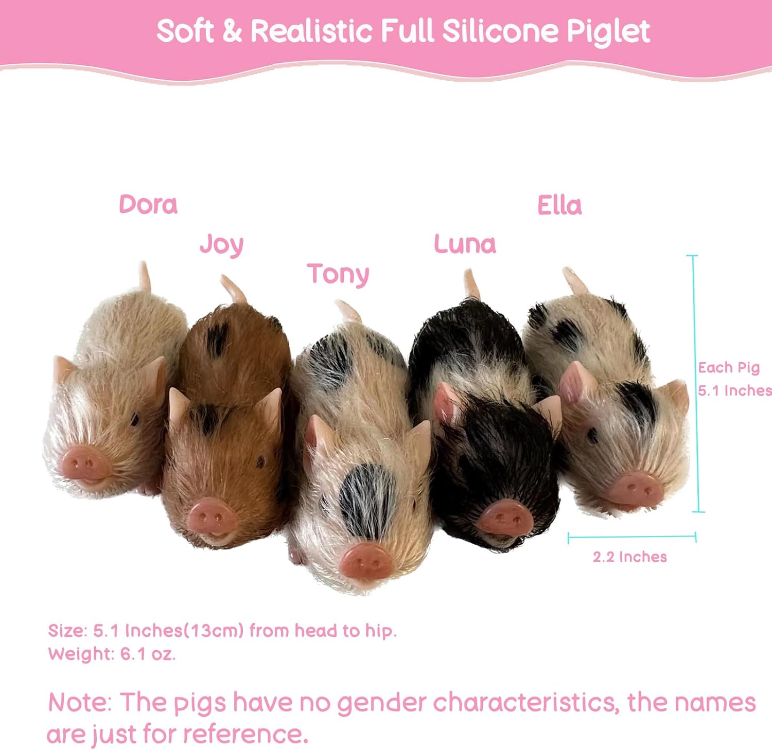 VOLOBE Piglet de silicona suave de 5 pulgadas, figura de juguete realista de silicona con almohadilla para dormir, accesorios para niños y niñas,