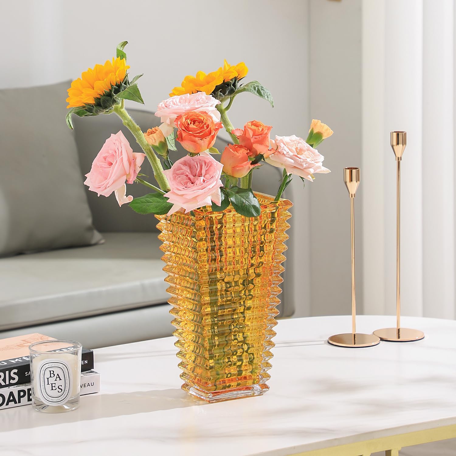 Jarrón de cristal, jarrón de vidrio ámbar, jarrón de vidrio, jarrones para centros de mesa, florero grande, jarrón de vidrio grande, jarrón moderno